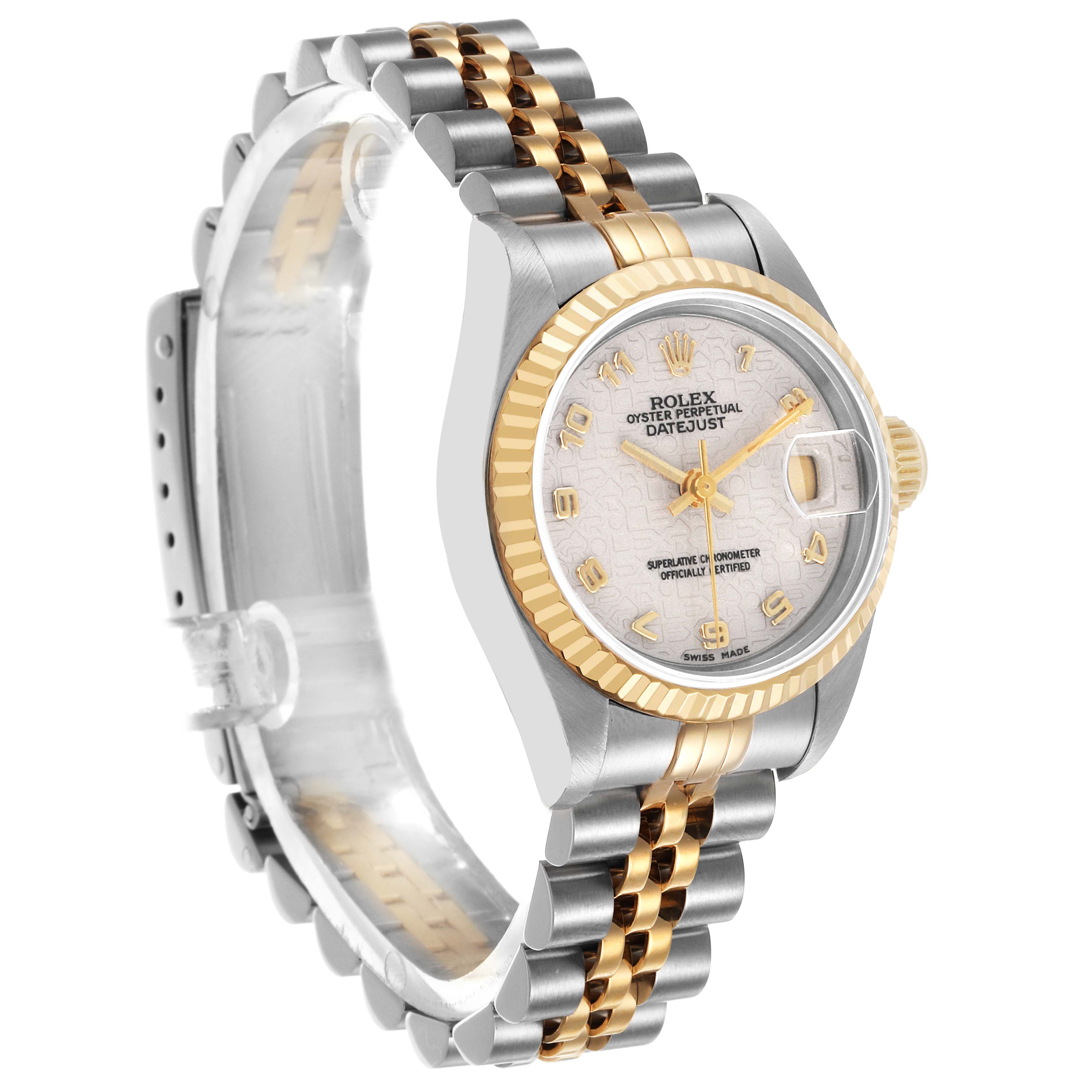 The image shows a Rolex Datejust 79173 Women's Steel and Gold (two tone) White Dial watch angled to display the face, bezel, and part of the bracelet.