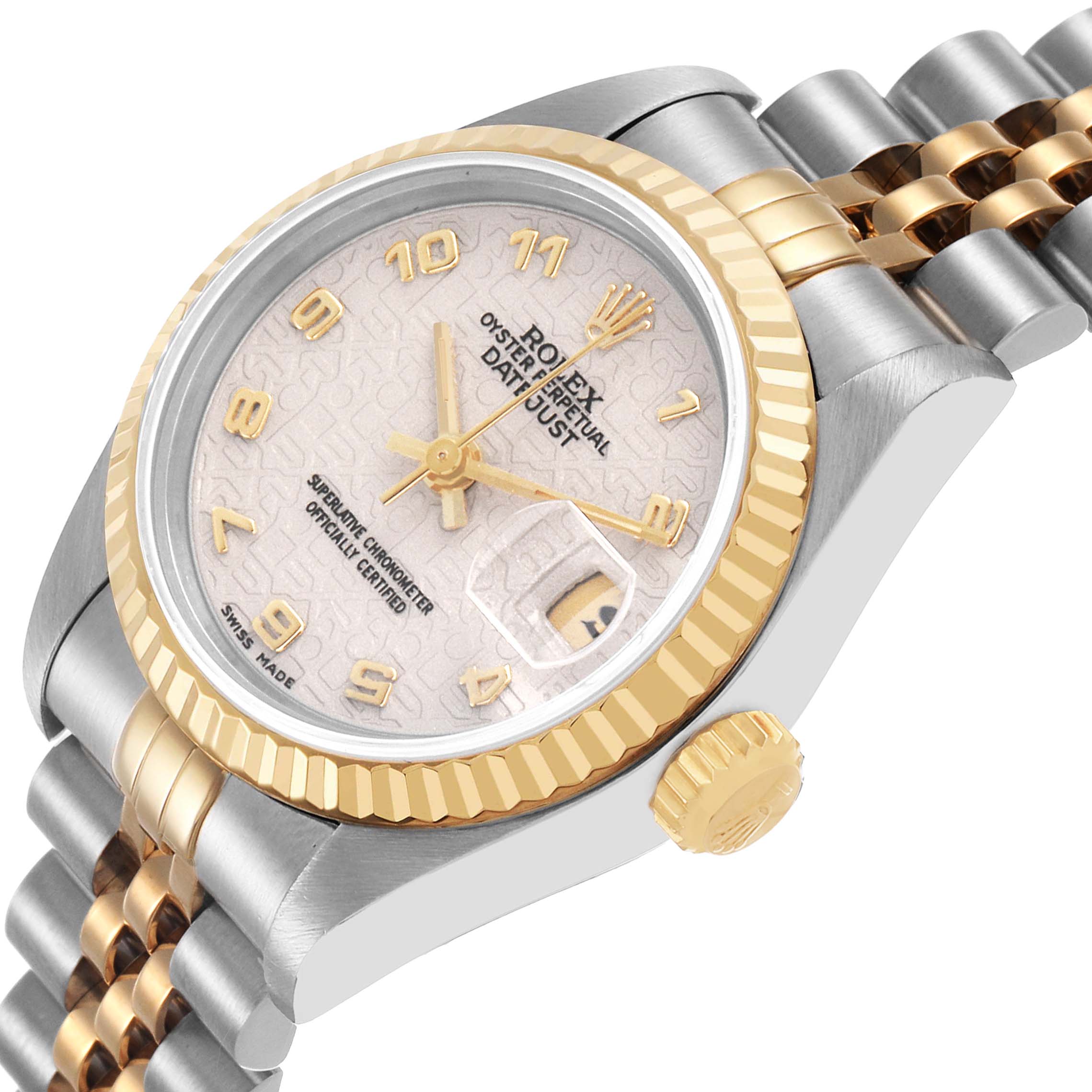 The Rolex Datejust 79173 Women's Steel and Gold (two tone) White Dial watch is shown at an angle highlighting the face, bezel, crown, and part of the bracelet.