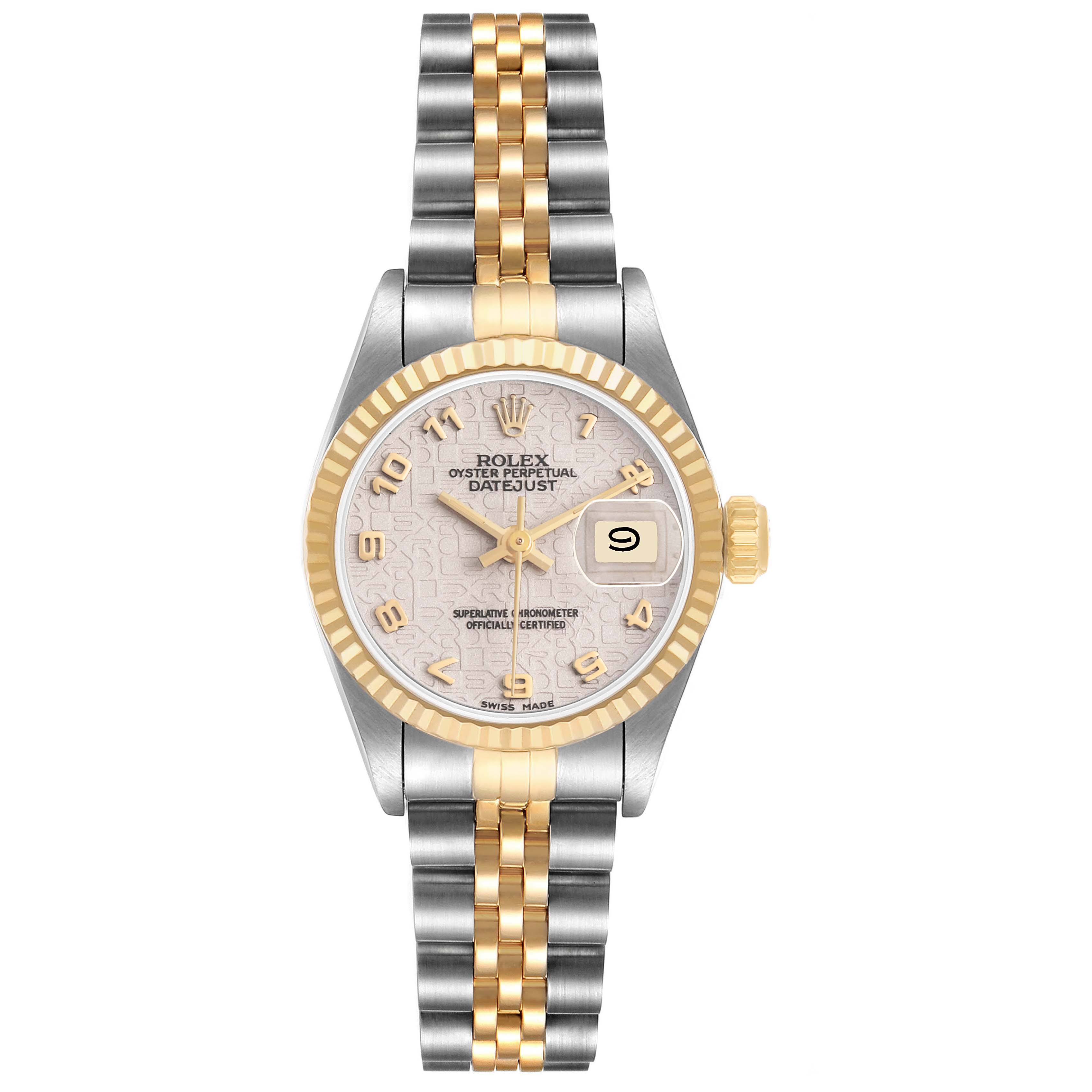 The Rolex Datejust 79173 Women's Steel and Gold (two tone) White Dial is shown from a front angle, highlighting its two-tone bracelet, fluted bezel, dial, hands, and date window.