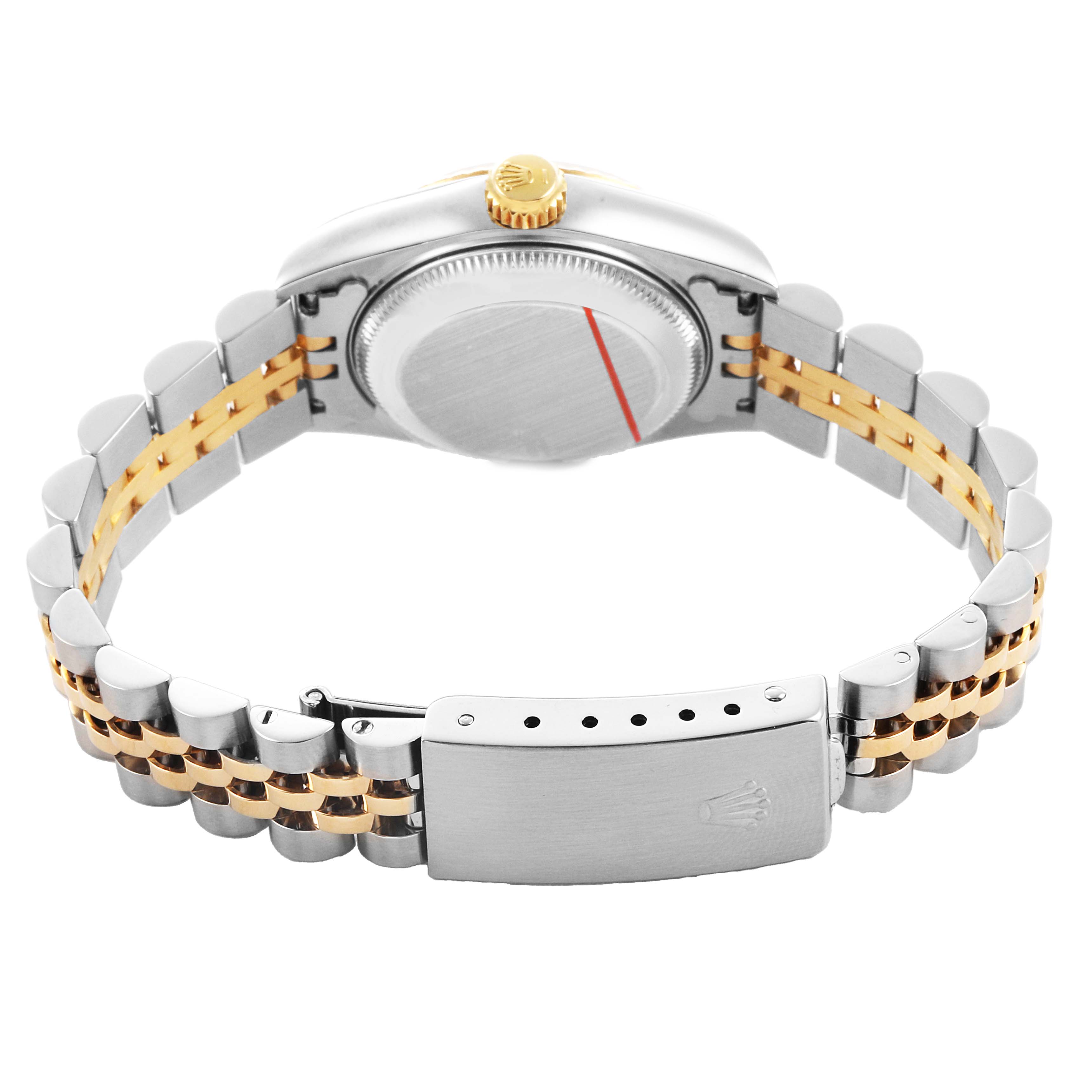 The image shows a Rolex Datejust 79173 Women's Steel and Gold (two tone) White Dial watch from the back, highlighting the two-tone bracelet, clasp, and case back.