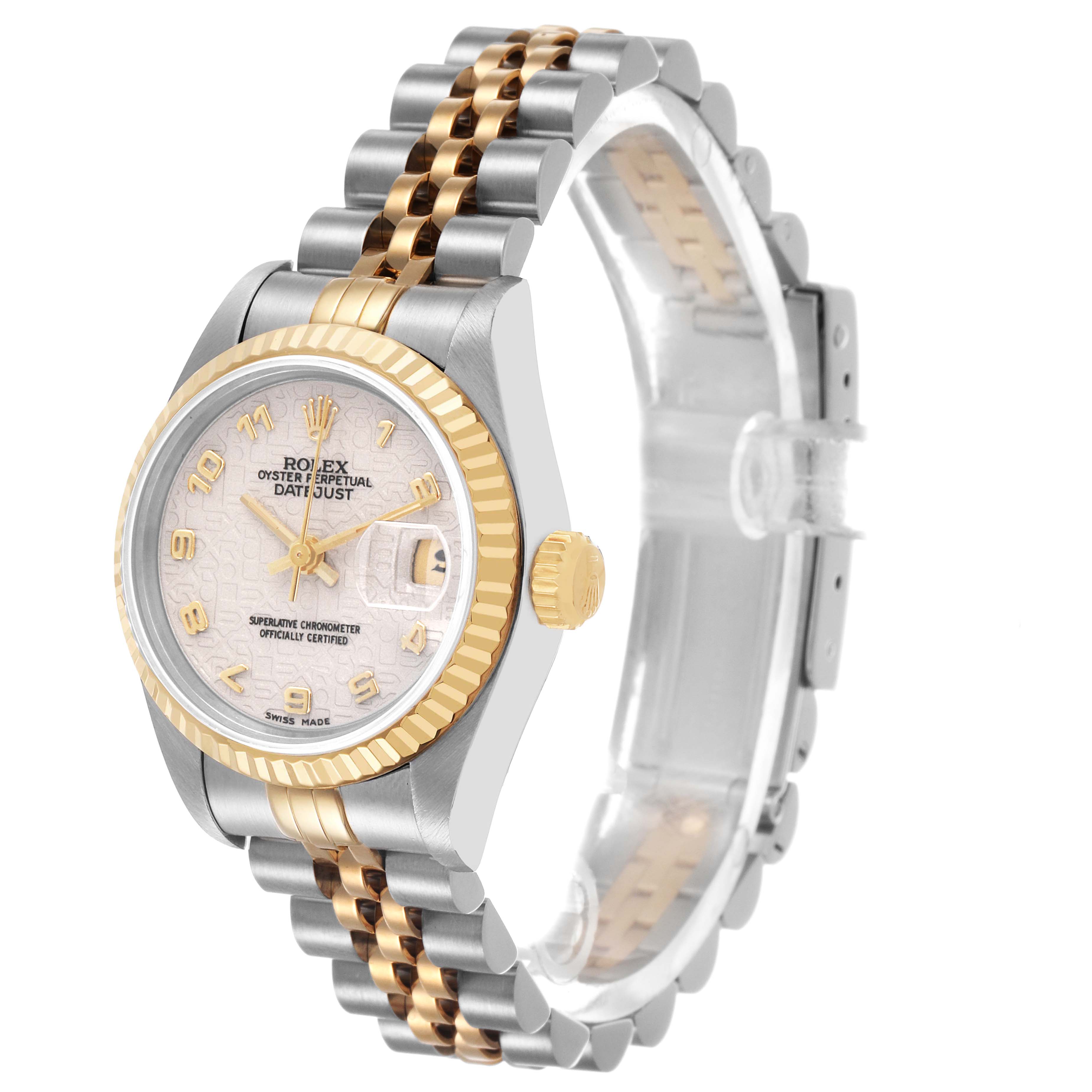 The Rolex Datejust 79173 Women's Steel and Gold (two tone) White Dial watch is shown at an angle displaying the face, bezel, crown, and part of the bracelet.