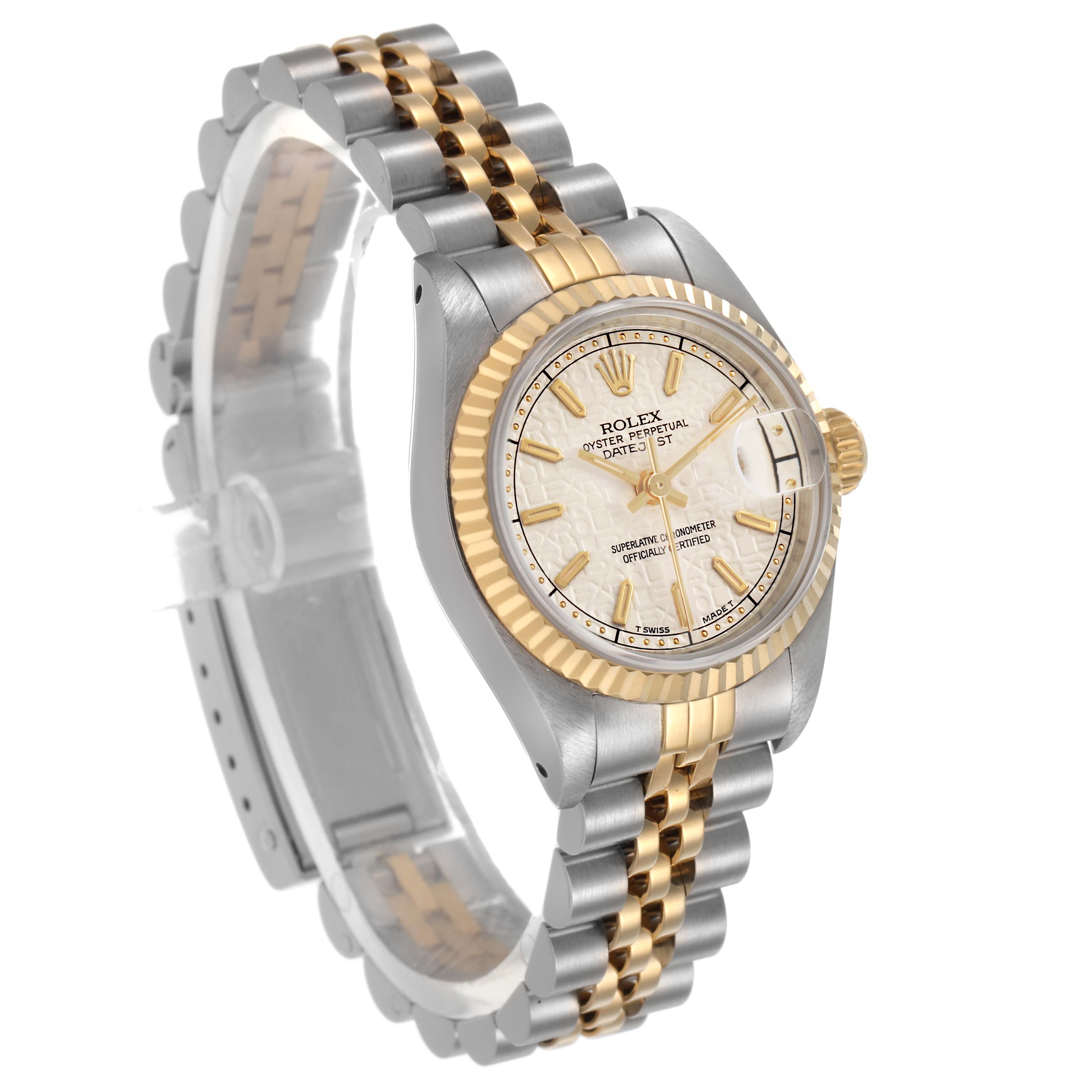 The Rolex Datejust 69173 Women's Stainless Steel White Dial is shown at a three-quarter angle, highlighting the dial, fluted bezel, and two-tone Jubilee bracelet.