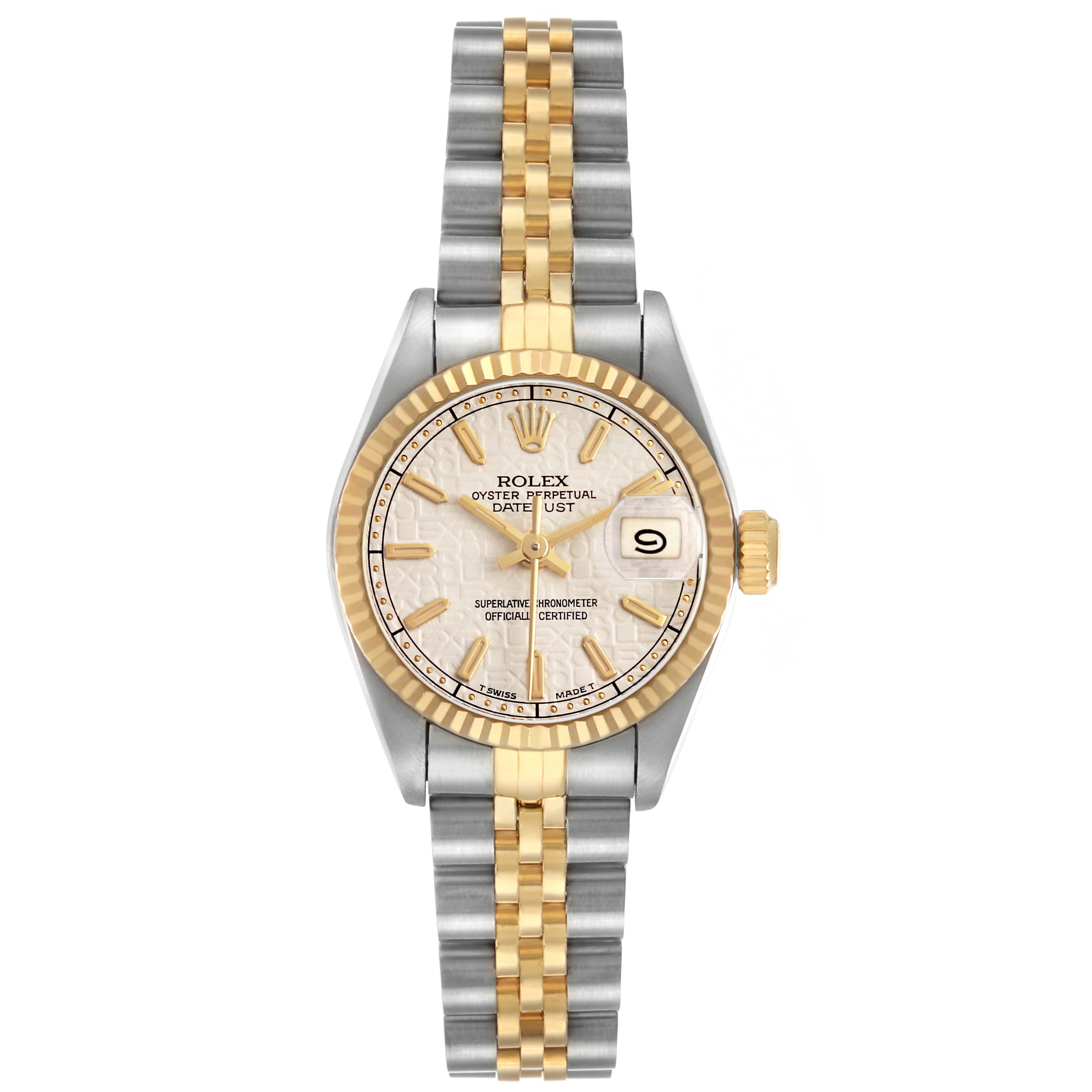 The Rolex Datejust 69173 Women's Stainless Steel White Dial watch is shown from a front angle, displaying its dial, bezel, bracelet, and crown.