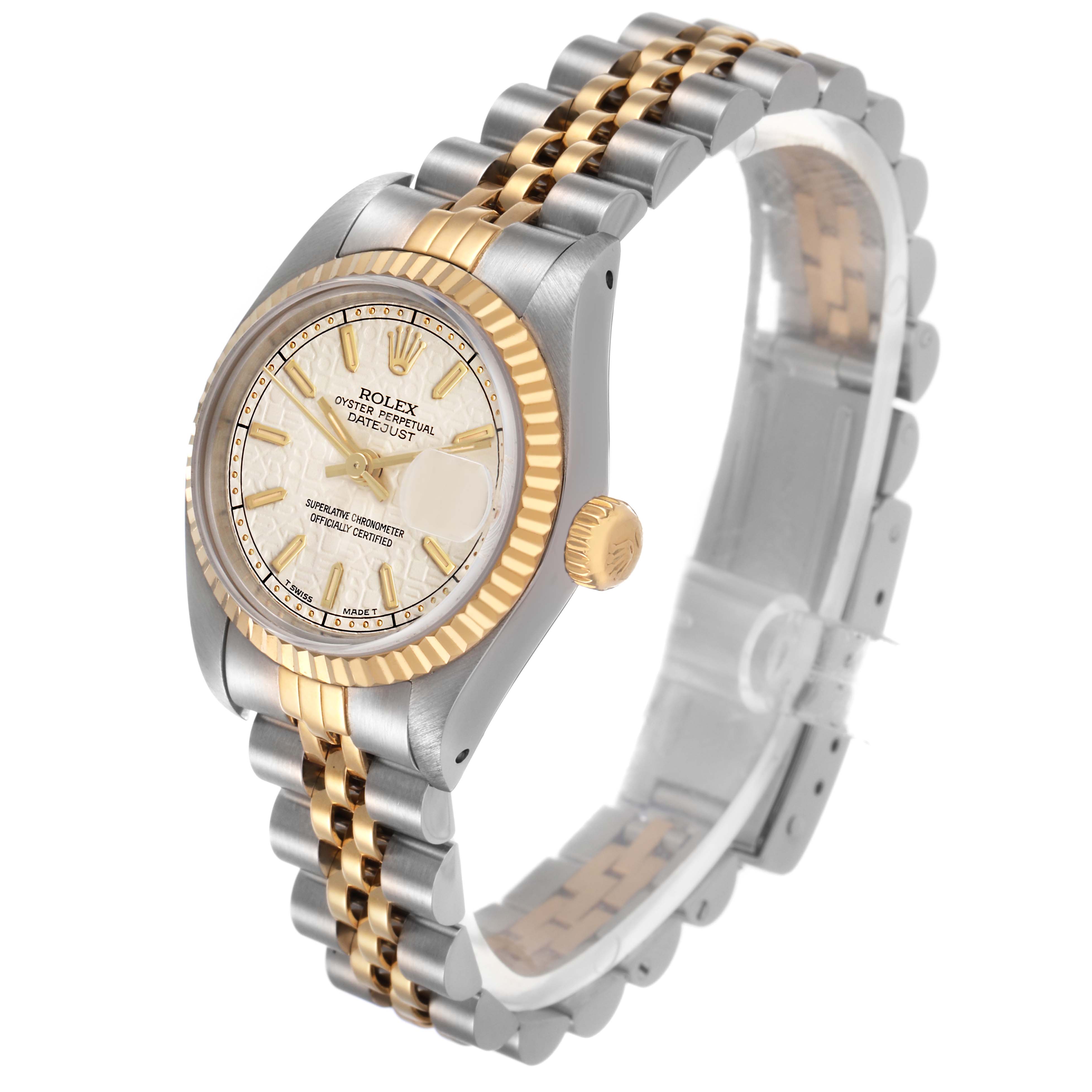 The Rolex Datejust 69173 Women's Stainless Steel White Dial watch is shown at an angled side view, displaying the dial, bezel, crown, and two-tone bracelet.