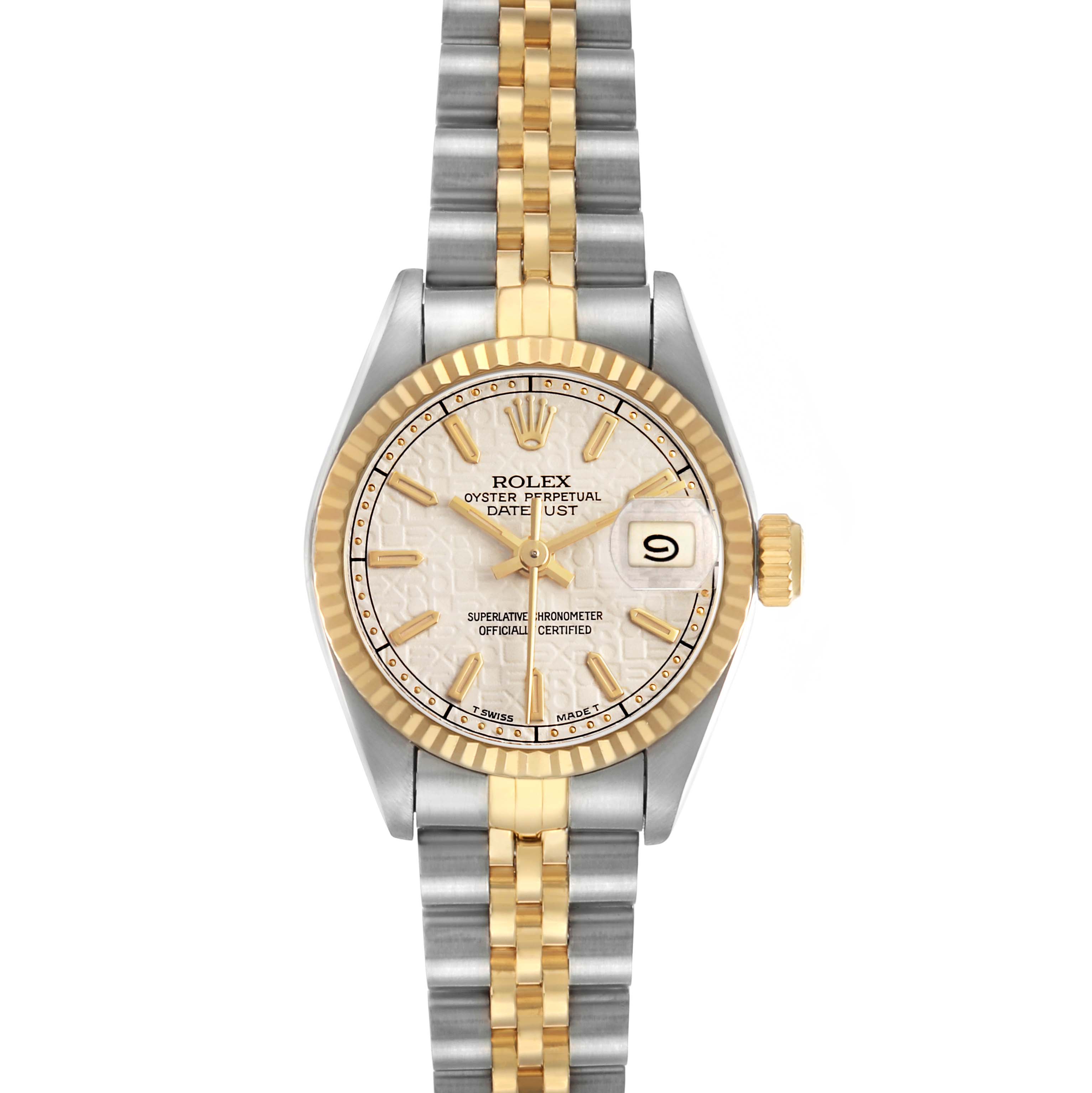 The Rolex Datejust 69173 Women's Stainless Steel White Dial watch is shown from the front, featuring its face, bezel, and a two-tone bracelet.