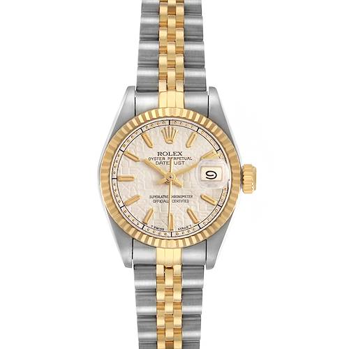 The image shows a front view of a Rolex Datejust 69173 Women's Stainless Steel White Dial watch, displaying its dial, bezel, crown, and bracelet.