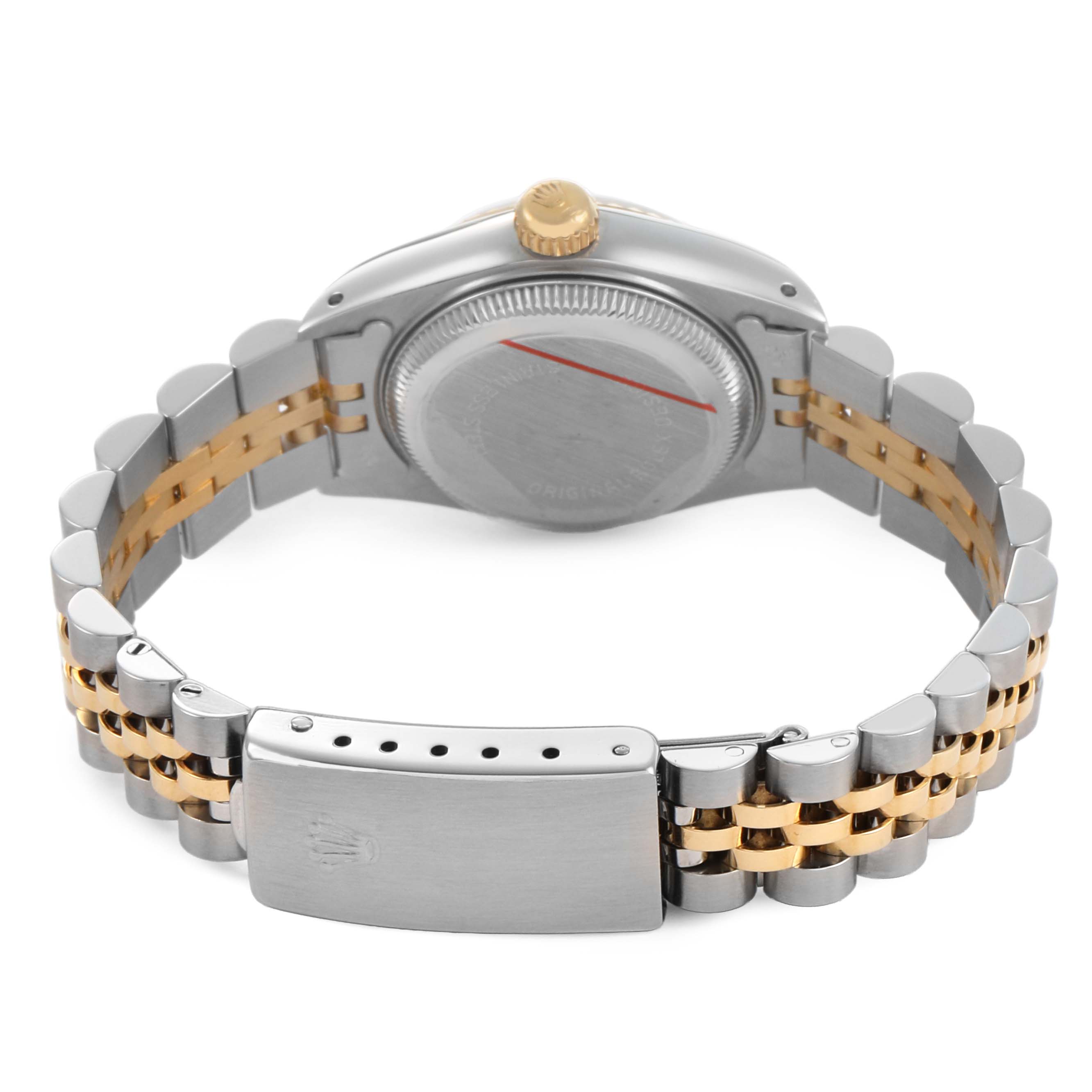 The image shows the back view of a Rolex Datejust 69173 Women's Stainless Steel White Dial, highlighting its two-tone bracelet and clasp.
