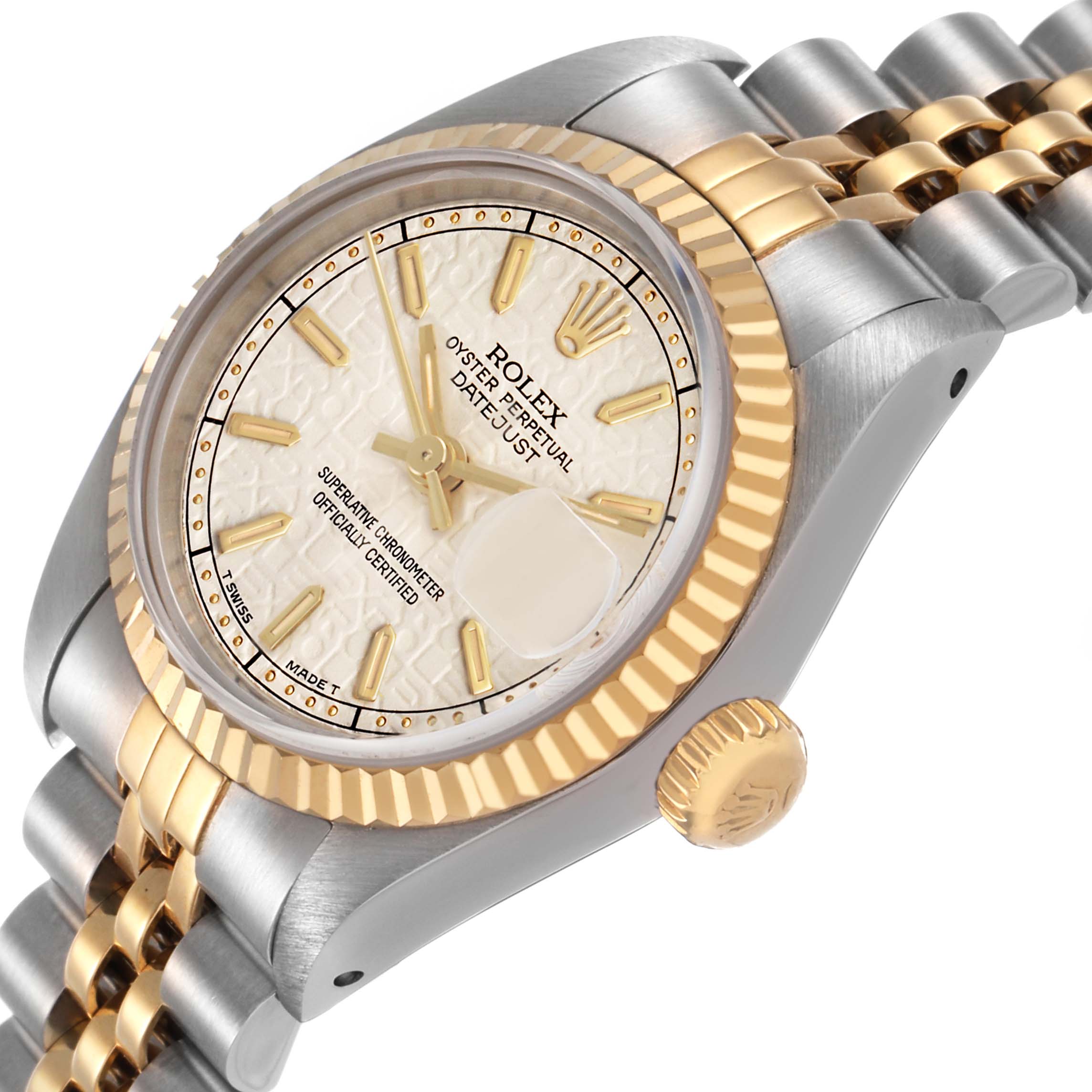 The Rolex Datejust 69173 Women's Stainless Steel White Dial watch is shown from a three-quarter angle, highlighting the dial, bezel, crown, and bracelet.
