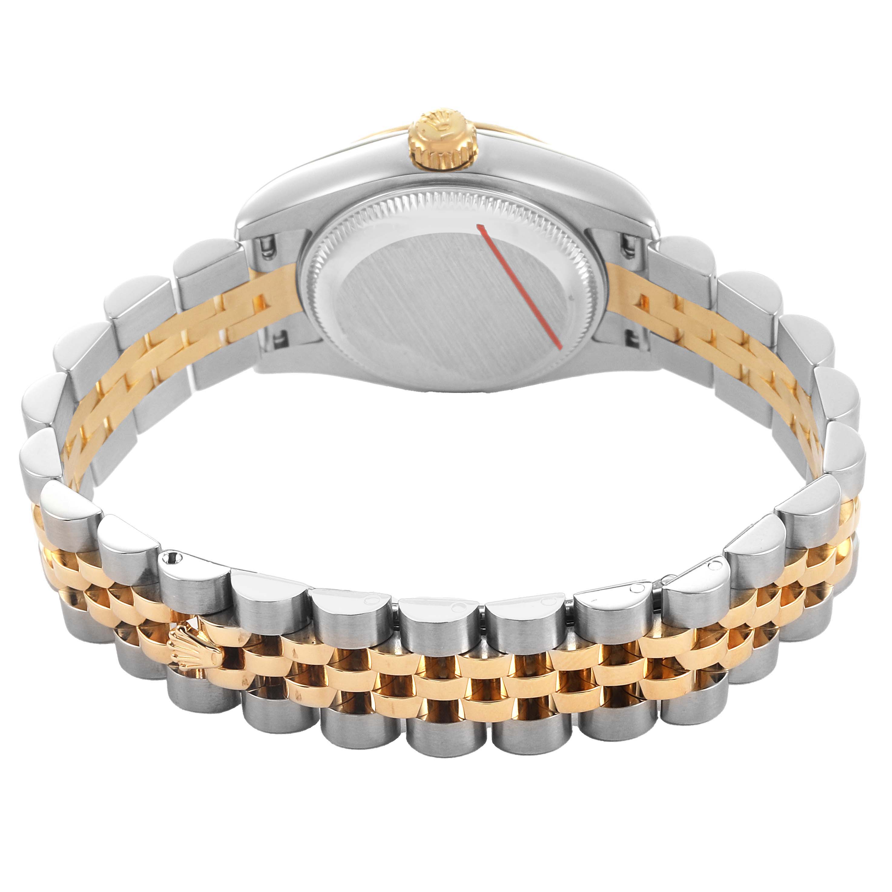 The image shows the back and bracelet of a Rolex Datejust 179173 Women's Steel and Gold (two tone) White Dial, highlighting the two-tone metal links and case back.