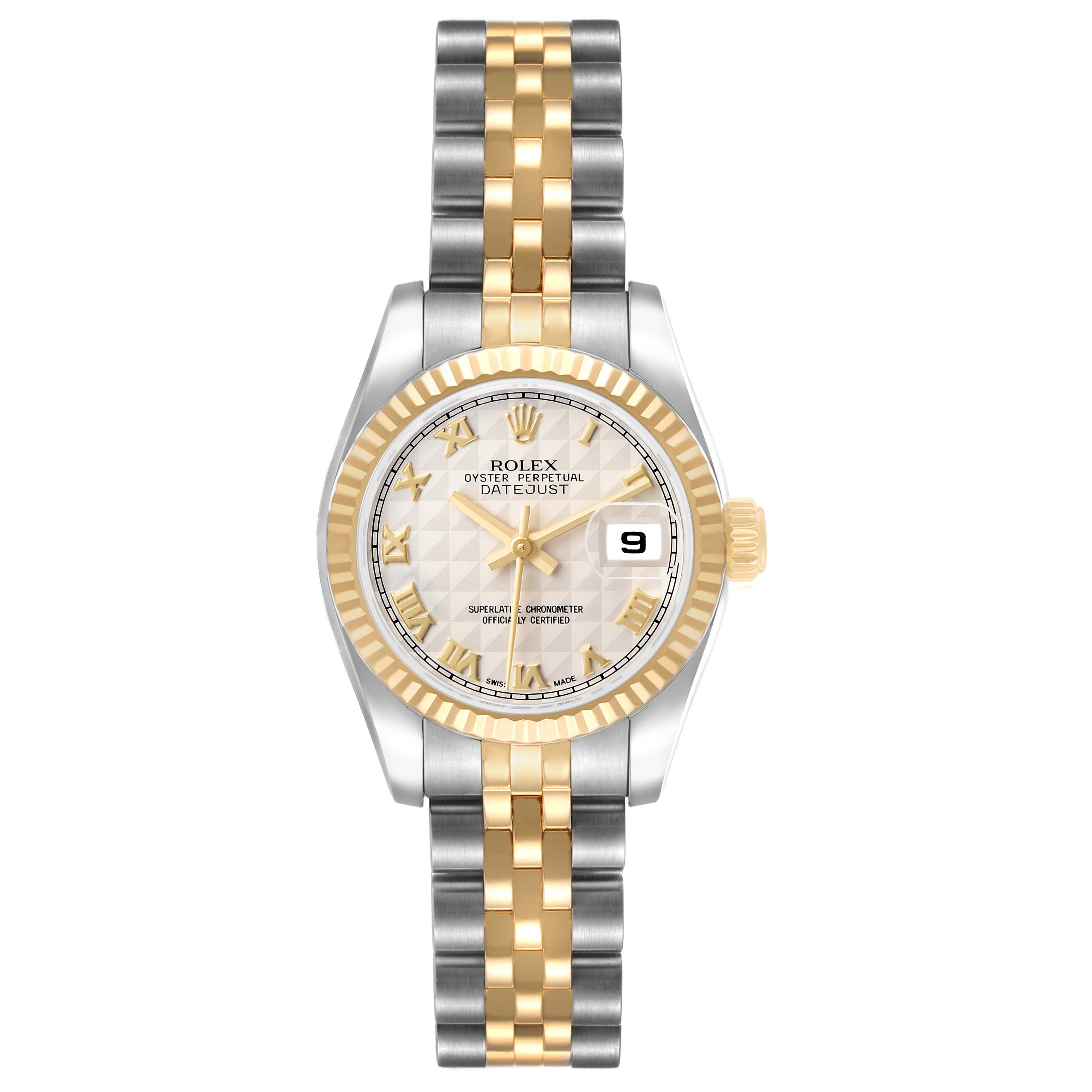 The Rolex Datejust 179173 Women's Steel and Gold (two tone) White Dial watch is shown from a top view, displaying the face, bezel, and two-tone bracelet clearly.