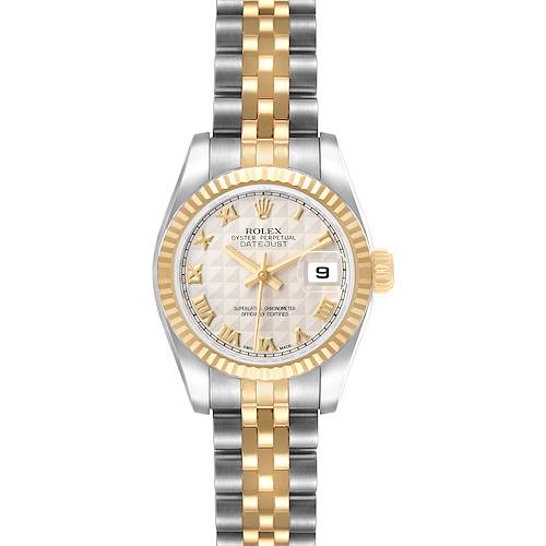 The Rolex Datejust 179173 Women's Steel and Gold (two tone) White Dial watch is shown from a front view, featuring its silver and gold Jubilee bracelet and detailed dial.