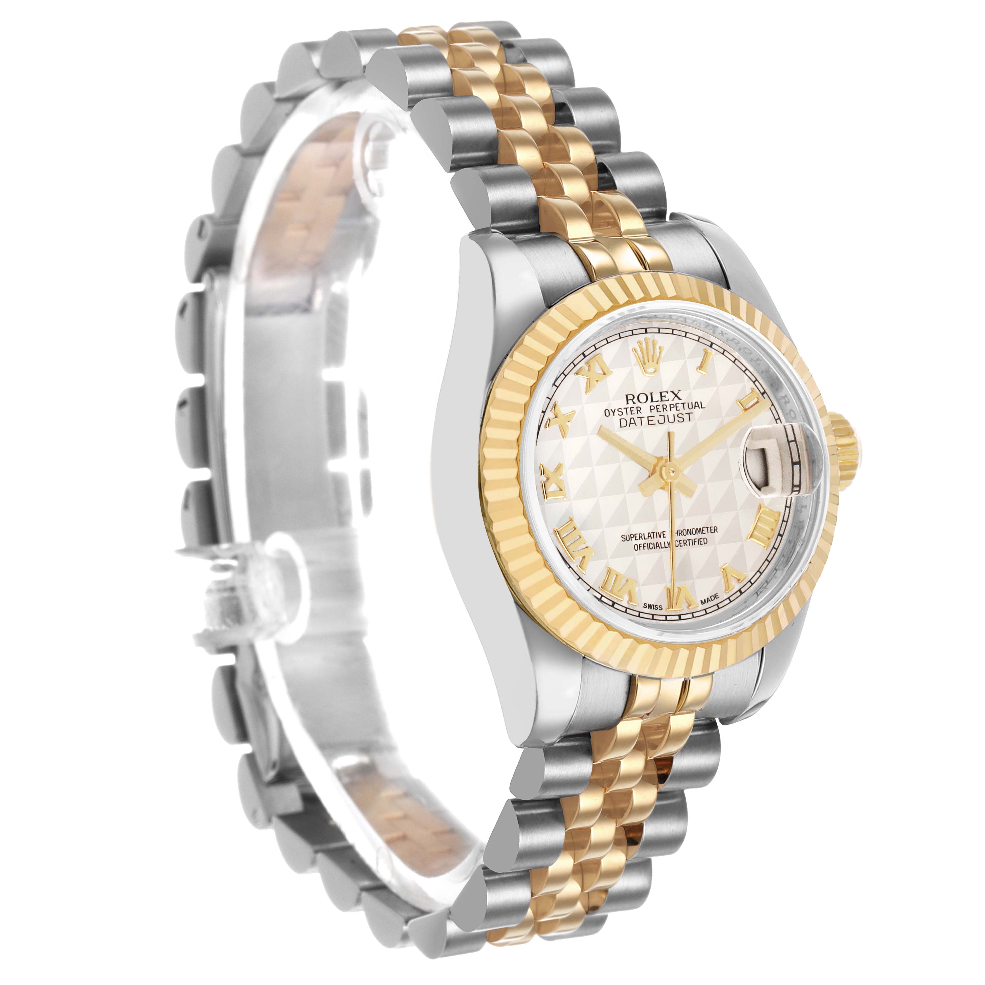 The Rolex Datejust 179173 Women's Steel and Gold (two tone) White Dial is shown at a three-quarter angle, highlighting the bezel, dial, and two-tone bracelet.