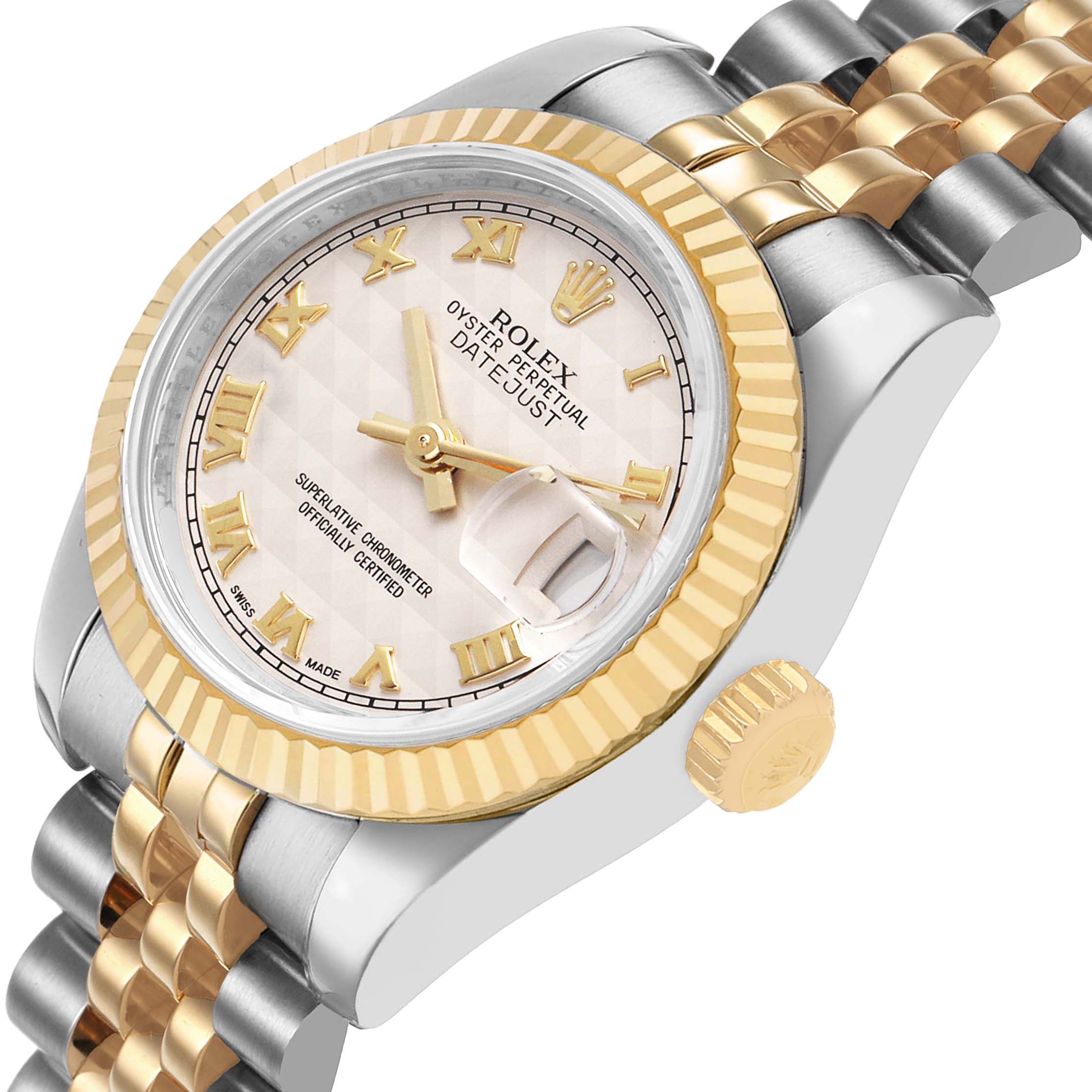 The Rolex Datejust 179173 Women's Steel and Gold (two tone) White Dial watch is shown at an angled view highlighting the dial, bezel, crown, and part of the bracelet.