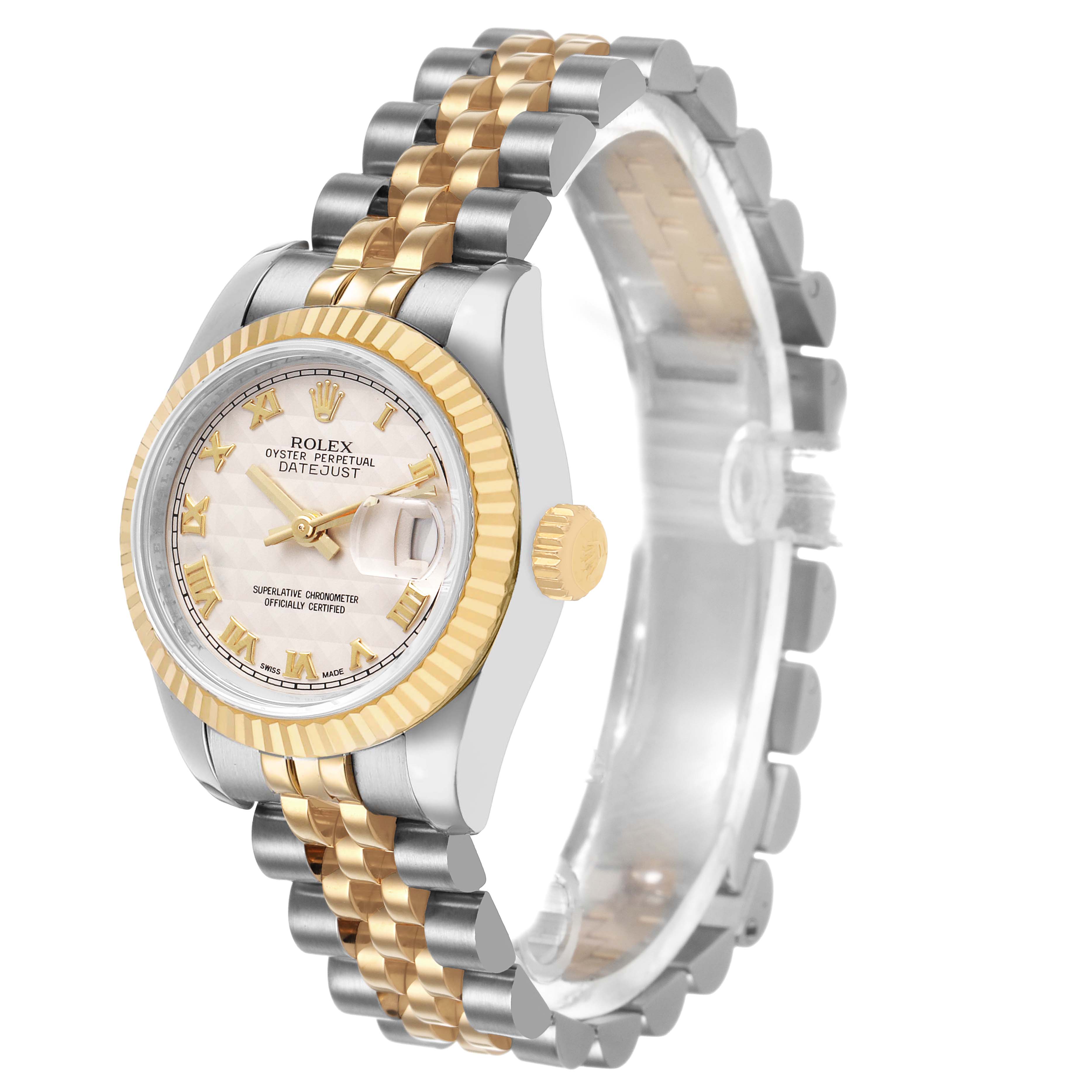 The Rolex Datejust 179173 Women's Steel and Gold (two tone) White Dial watch is shown at a 3/4 angle, displaying the face, bezel, crown, and part of the bracelet.