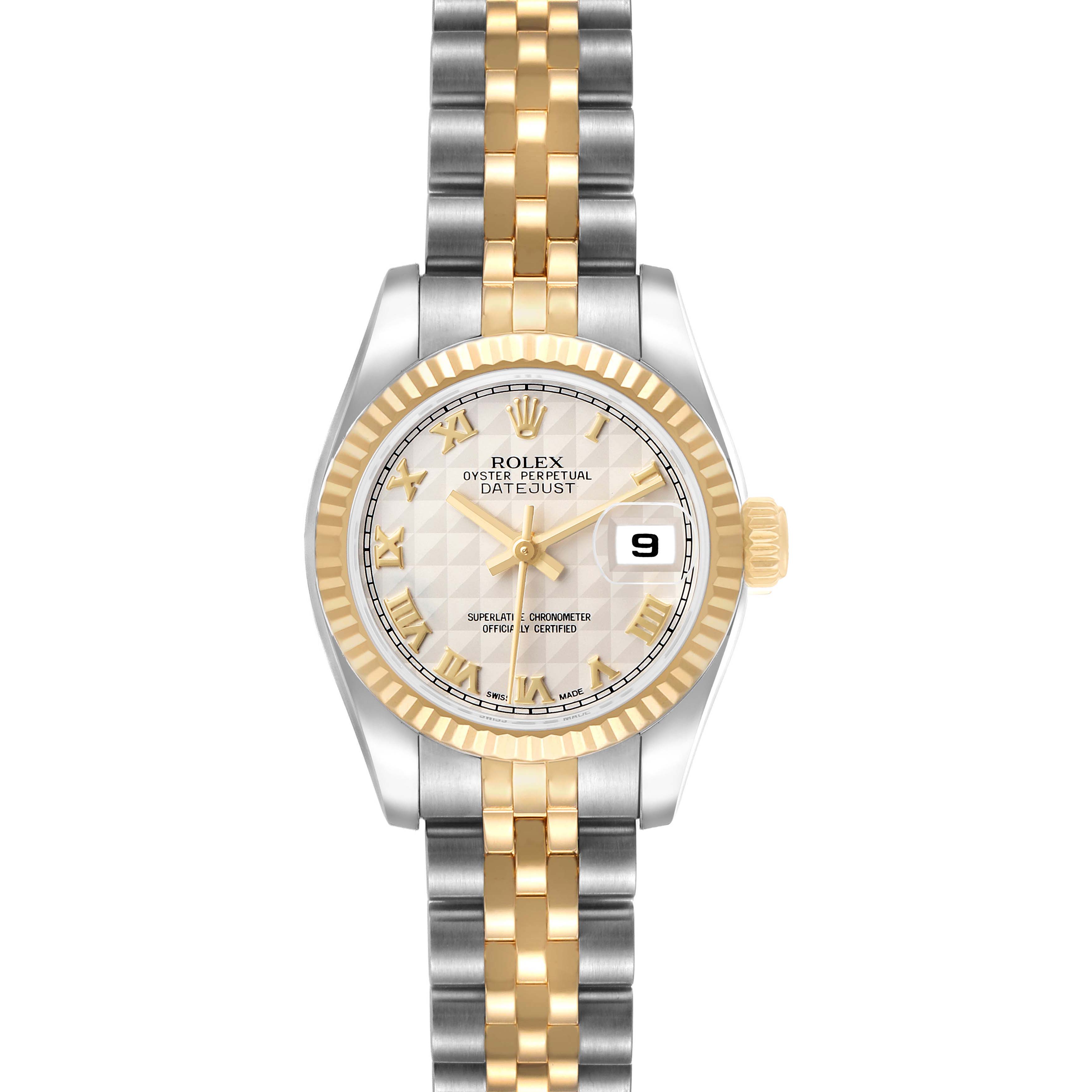 The Rolex Datejust 179173 Women's Steel and Gold (two tone) White Dial watch is shown from a frontal angle, displaying the dial, bezel, and bracelet.
