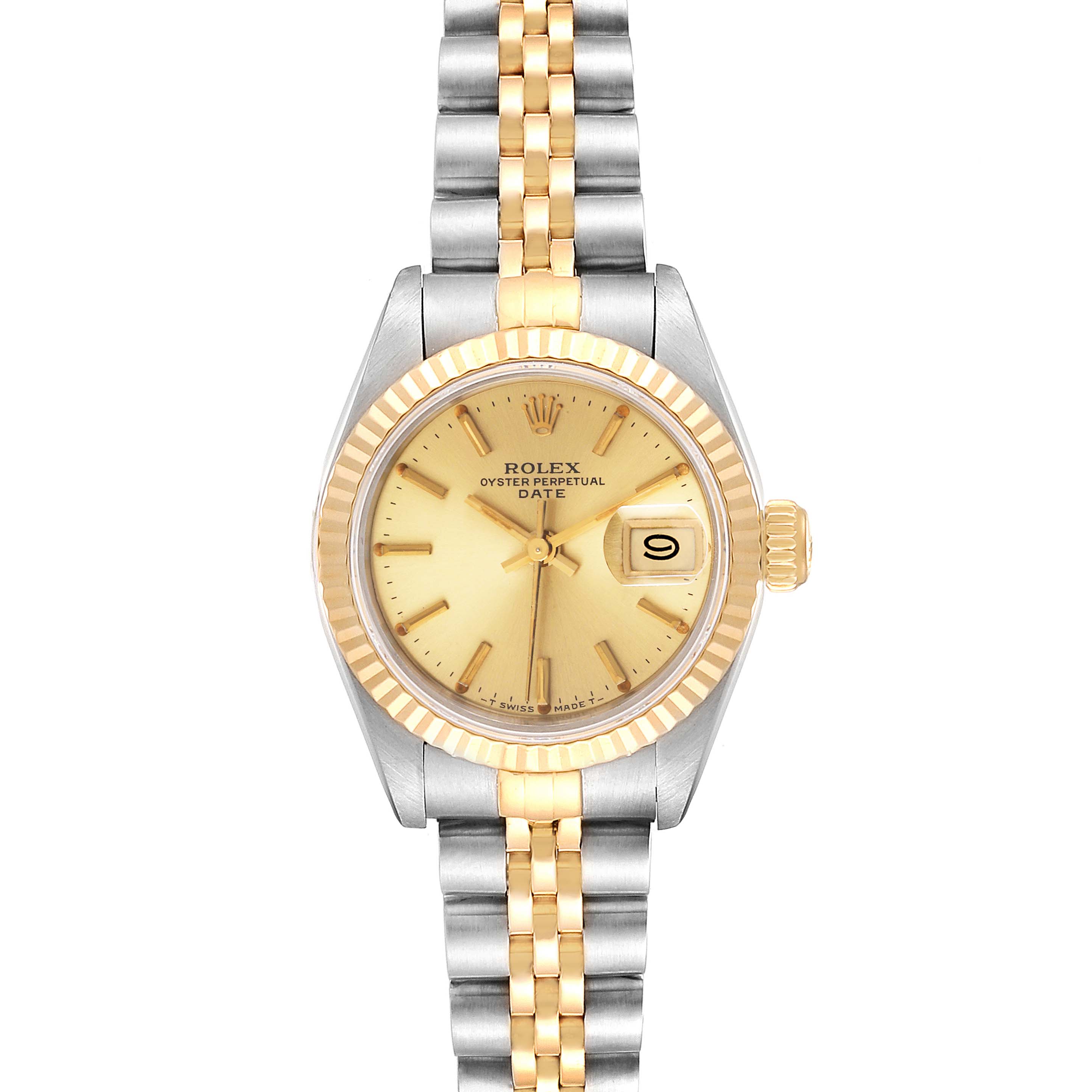 The image shows a front view of a Rolex Datejust 69173 Women
s Steel and Gold (two tone) Champagne Dial 69173 Women
s Steel and Gold (two tone) Champagne Dial watch with a gold and silver band and a gold bezel.