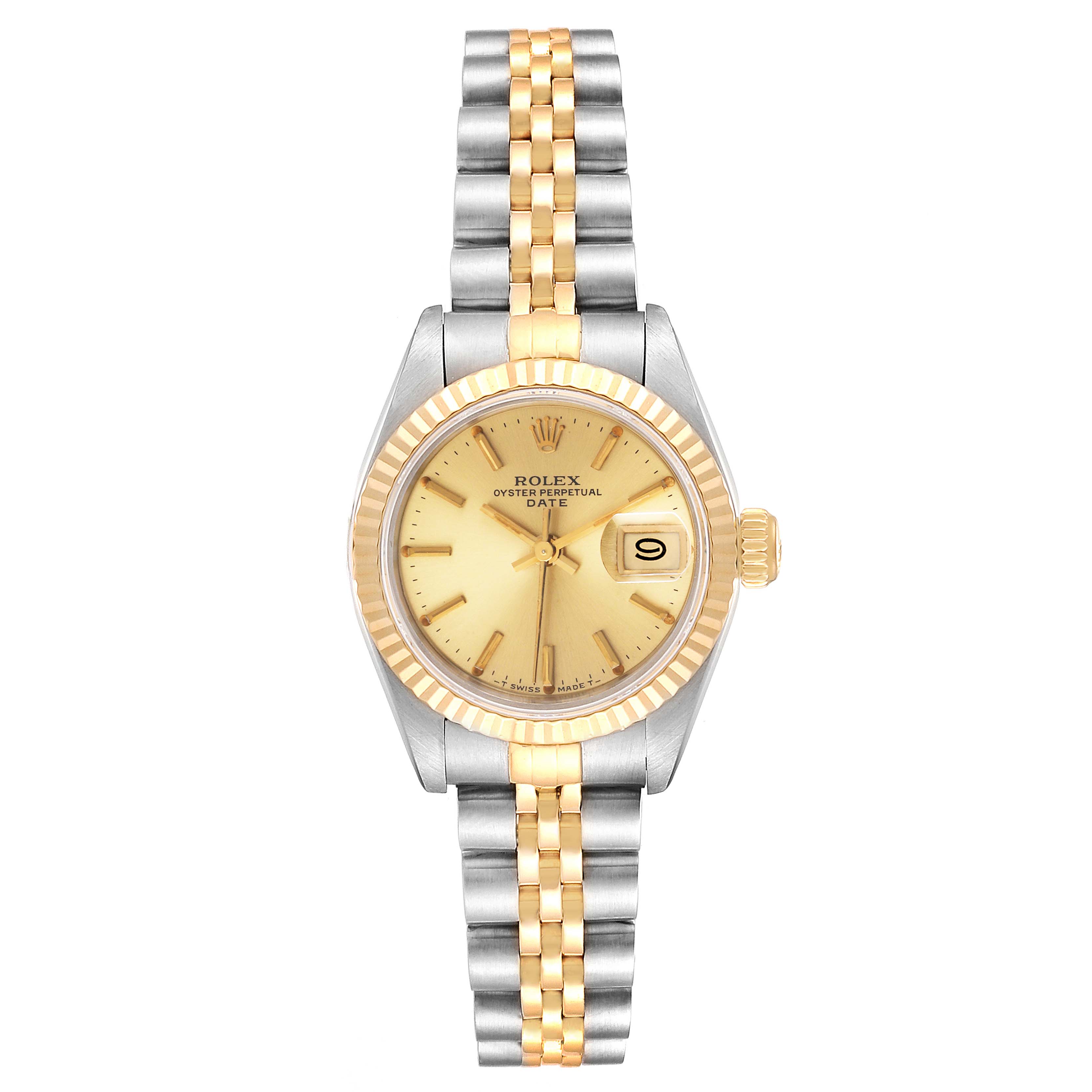 The image shows a Rolex Datejust 69173 Women
s Steel and Gold (two tone) Champagne Dial 69173 Women
s Steel and Gold (two tone) Champagne Dial watch, viewed from the front, with its two-tone metal strap and beige dial.