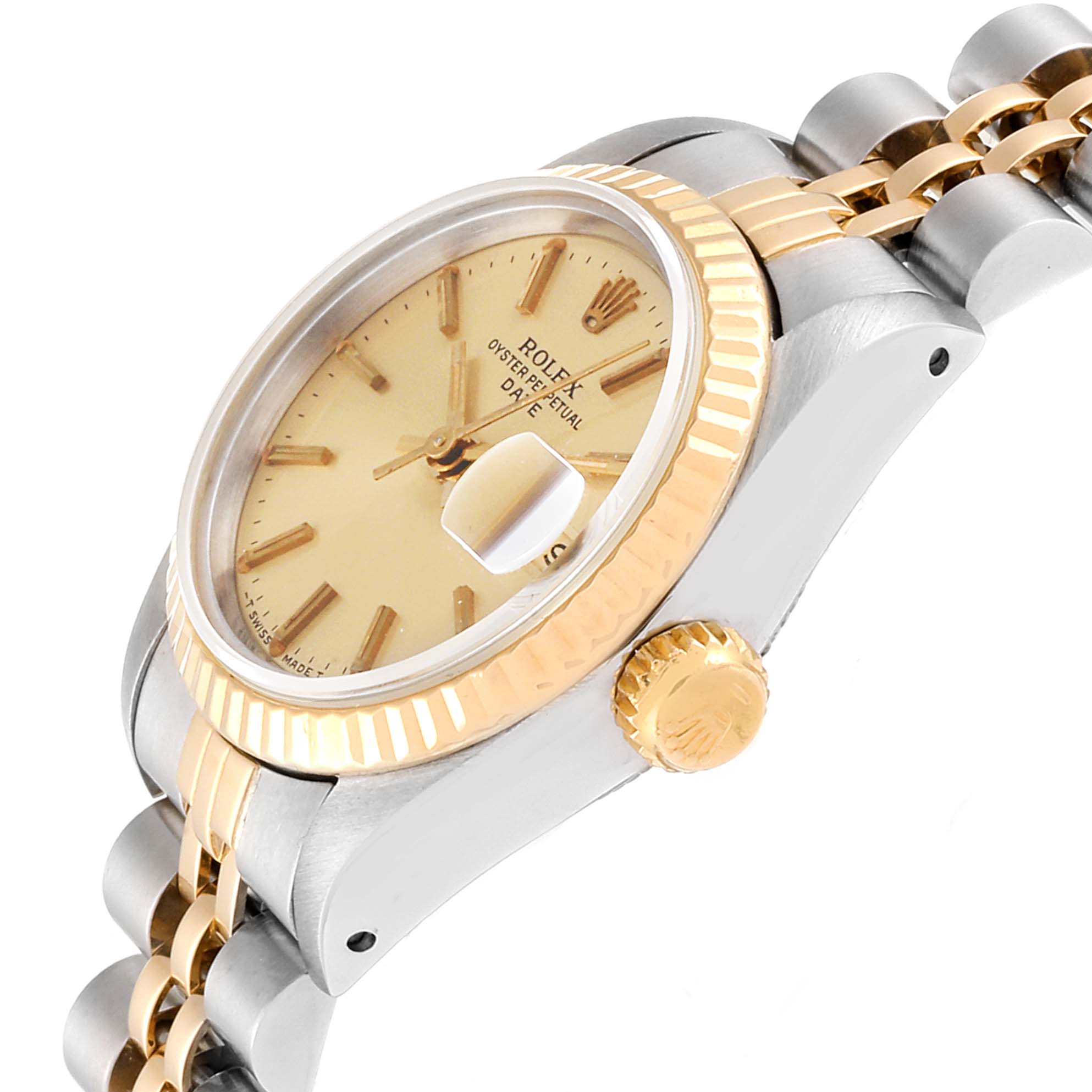 The image shows a side view of a Rolex Datejust 69173 Women
s Steel and Gold (two tone) Champagne Dial 69173 Women
s Steel and Gold (two tone) Champagne Dial watch, highlighting its gold bezel, crown, and part of the bracelet.