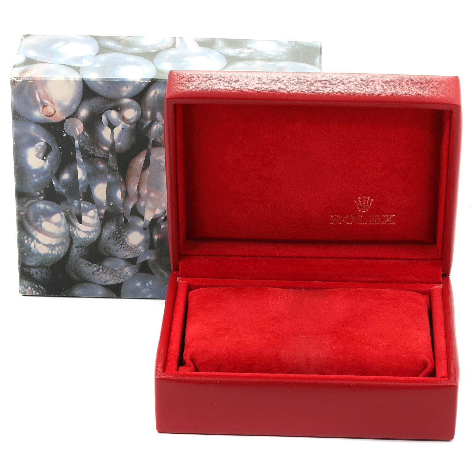 The image shows an open red Rolex Datejust 69173 Women
s Steel and Gold (two tone) Champagne Dial 69173 Women
s Steel and Gold (two tone) Champagne Dial watch box with the cushioning and the outer packaging.