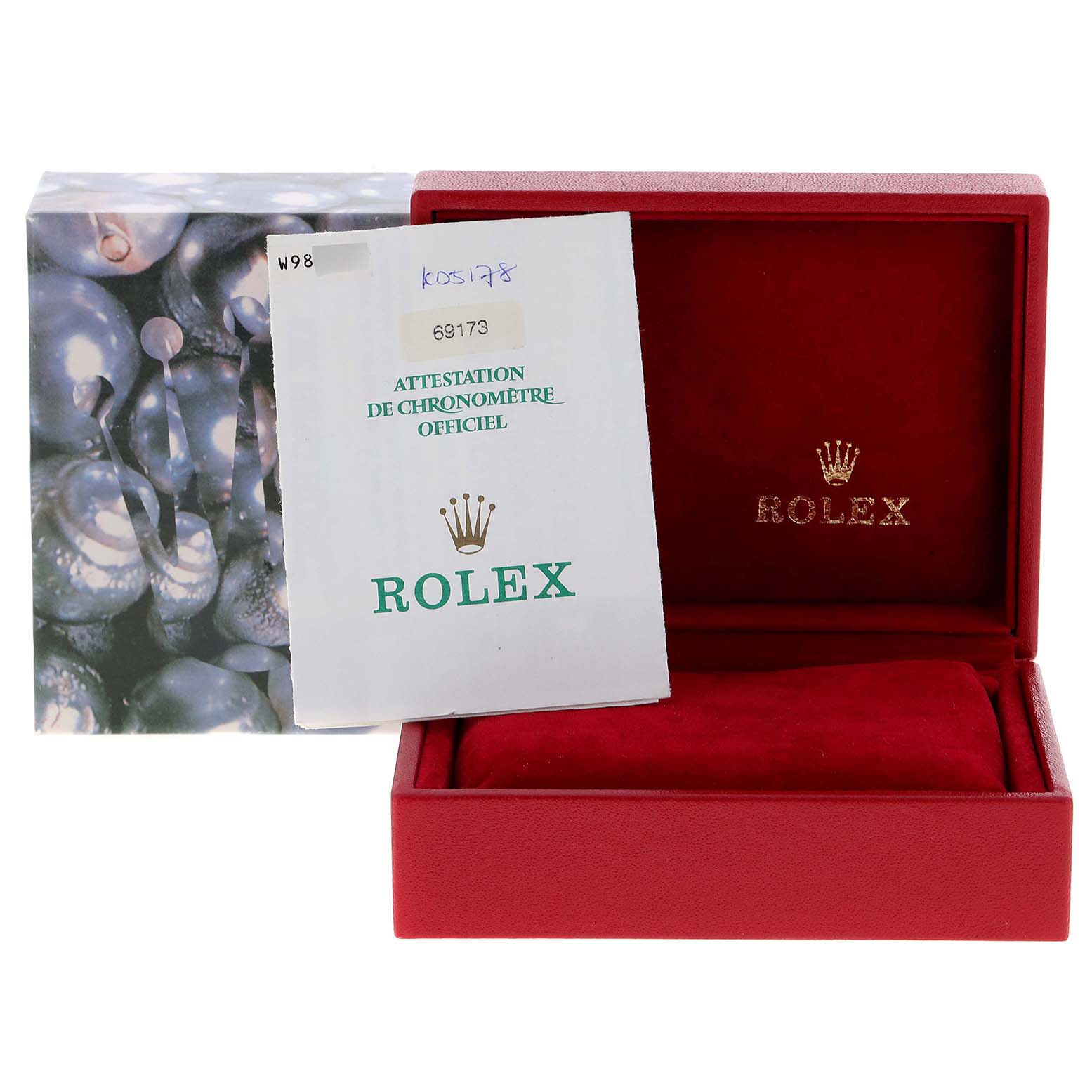 The image shows the packaging and documentation for a Rolex Datejust 69173 Women's Steel and Gold (two tone) Blue Dial 69173 Women's Steel and Gold (two tone) Blue Dial, including a red case and an official certification document.