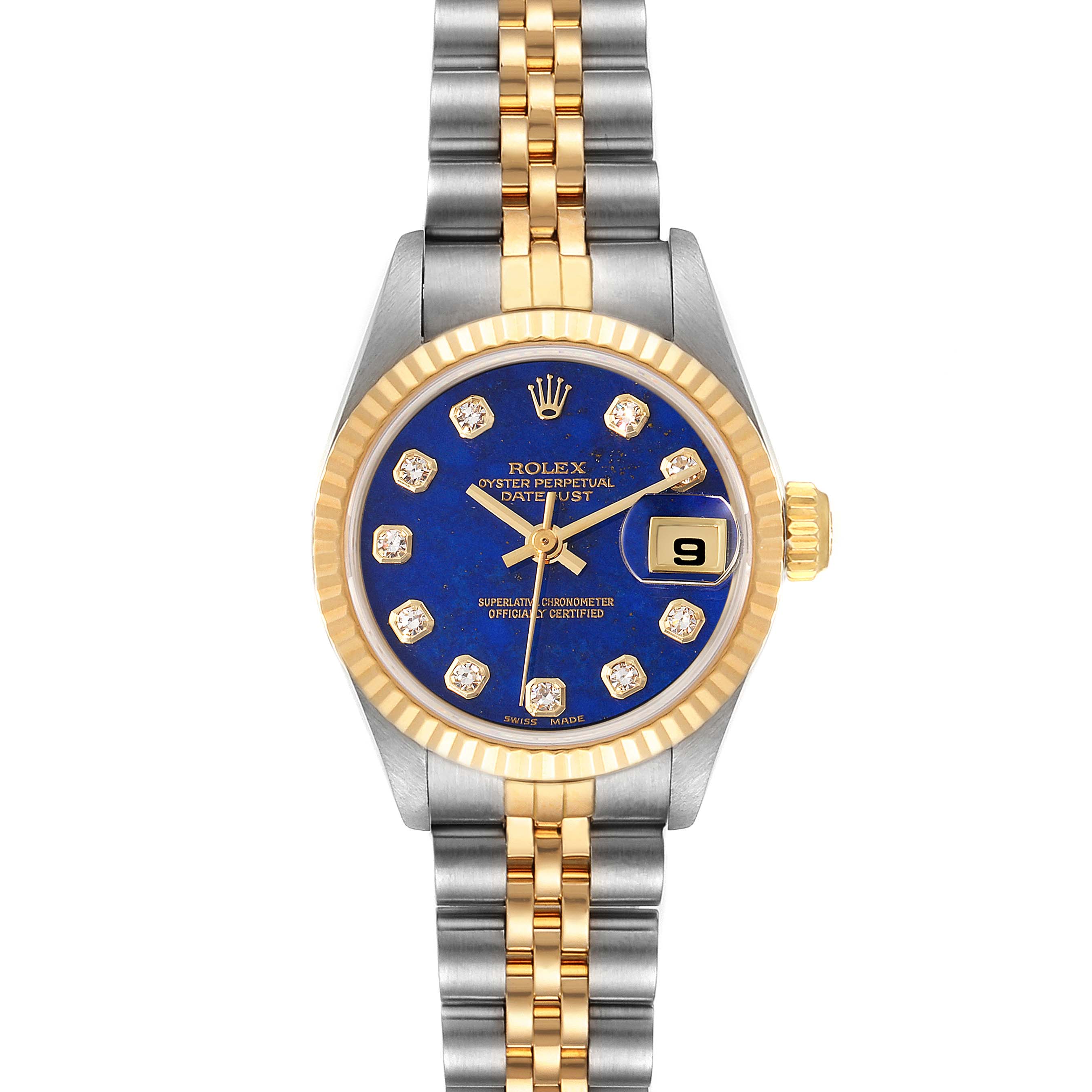 The image shows a Rolex Datejust 69173 Women's Steel and Gold (two tone) Blue Dial 69173 Women's Steel and Gold (two tone) Blue Dial watch from a front angle, highlighting its blue dial, gold bezel, and bimetal bracelet.