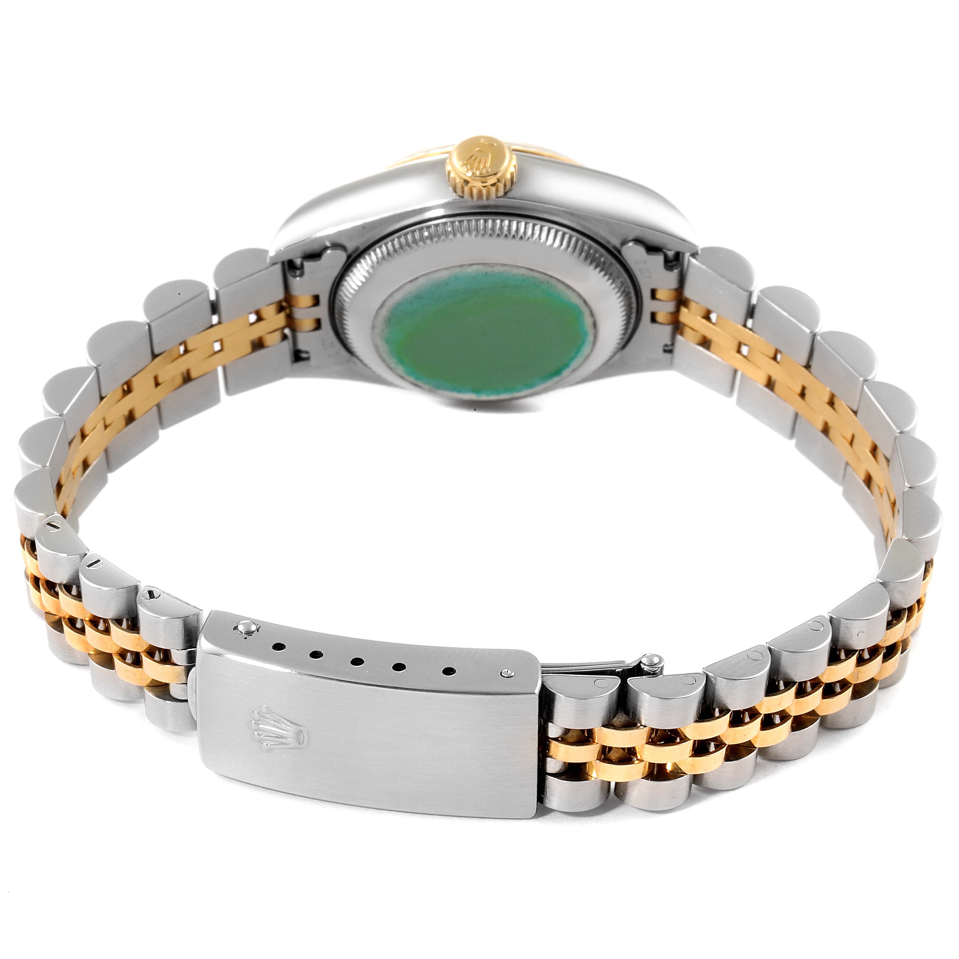 The image shows the backside of a Rolex Datejust 69173 Women's Steel and Gold (two tone) Blue Dial 69173 Women's Steel and Gold (two tone) Blue Dial watch, featuring the clasp, case back, crown, and the two-tone jubilee bracelet.