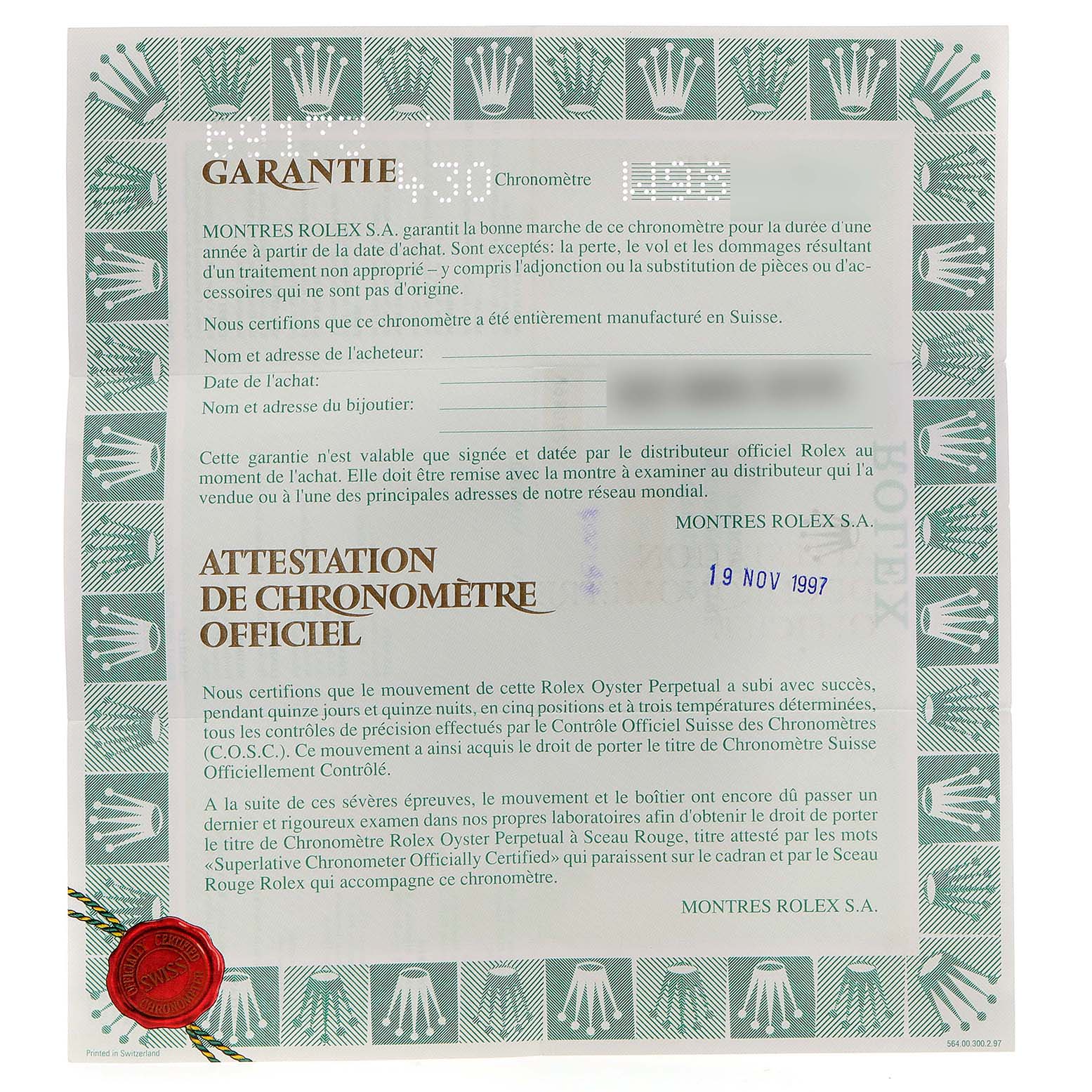 The image shows the official warranty certificate for a Rolex Datejust 69173 Women's Steel and Gold (two tone) Blue Dial 69173 Women's Steel and Gold (two tone) Blue Dial watch, dated 19 NOV 1997.