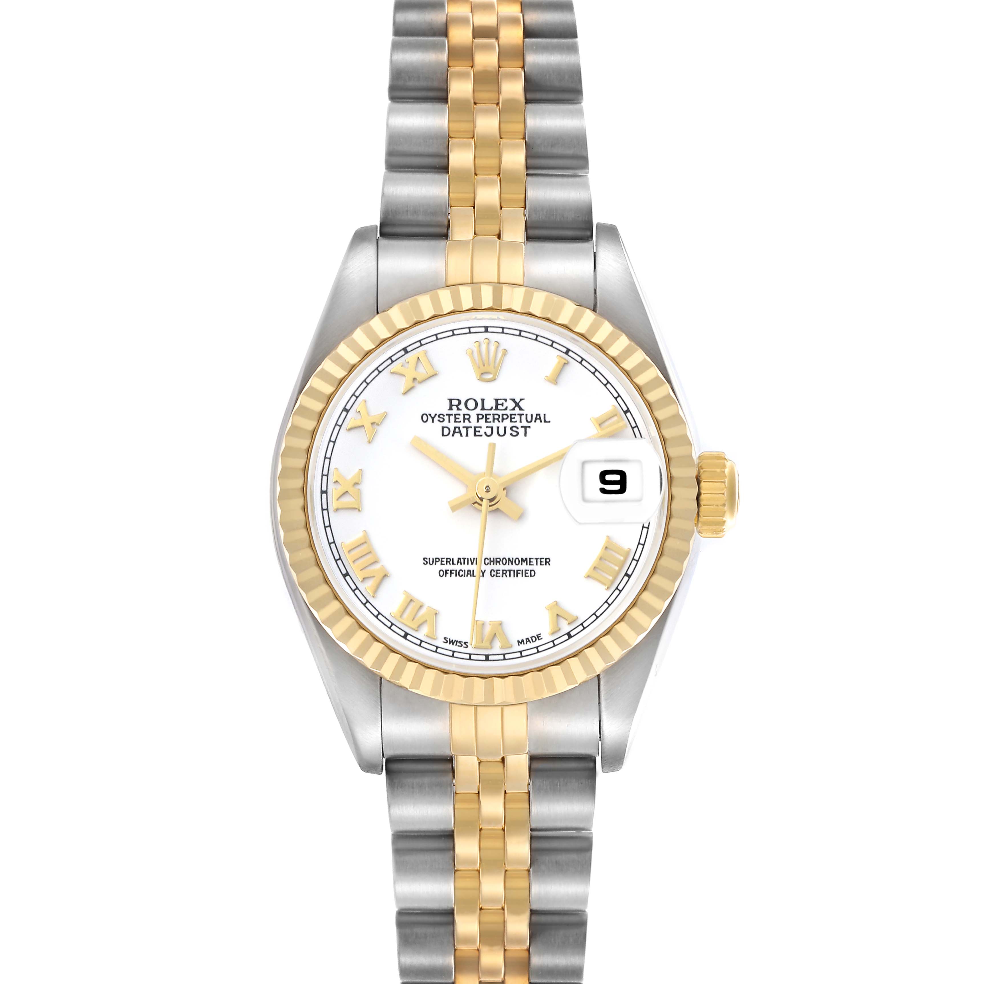 The image shows a Rolex Datejust model 79173 men's watch, viewed from the front, featuring a two-tone bracelet, fluted bezel, and a date window at 3 o'clock.