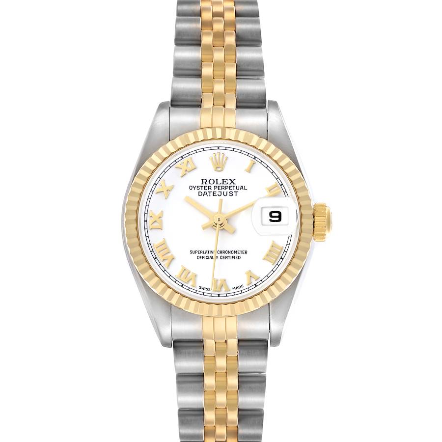 The image shows a Rolex Datejust model 79173 men's watch, viewed from the front, featuring a two-tone bracelet, fluted bezel, and a date window at 3 o'clock.