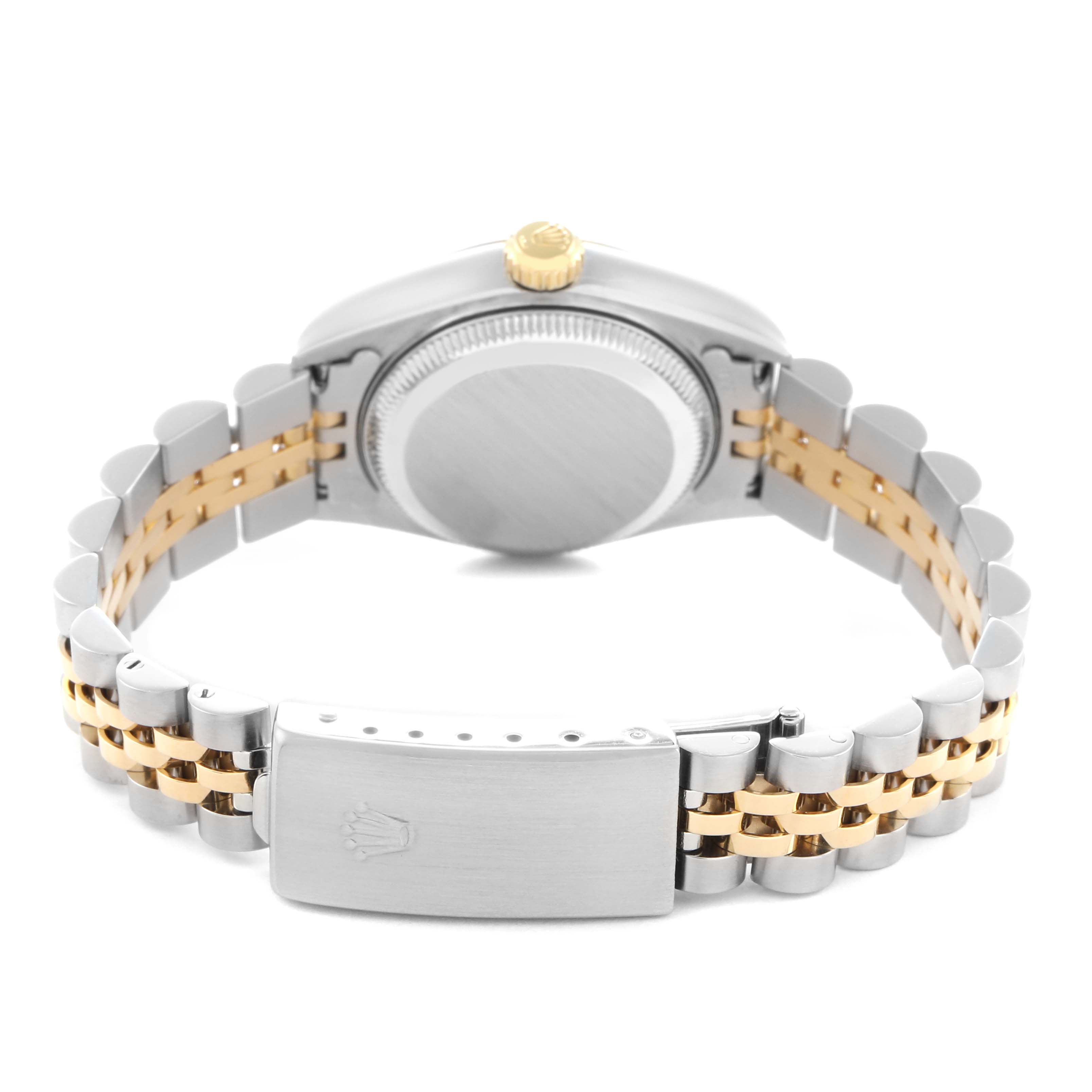 The image shows the back view of a Rolex Datejust model 79173 men's watch, featuring the bracelet and case back.