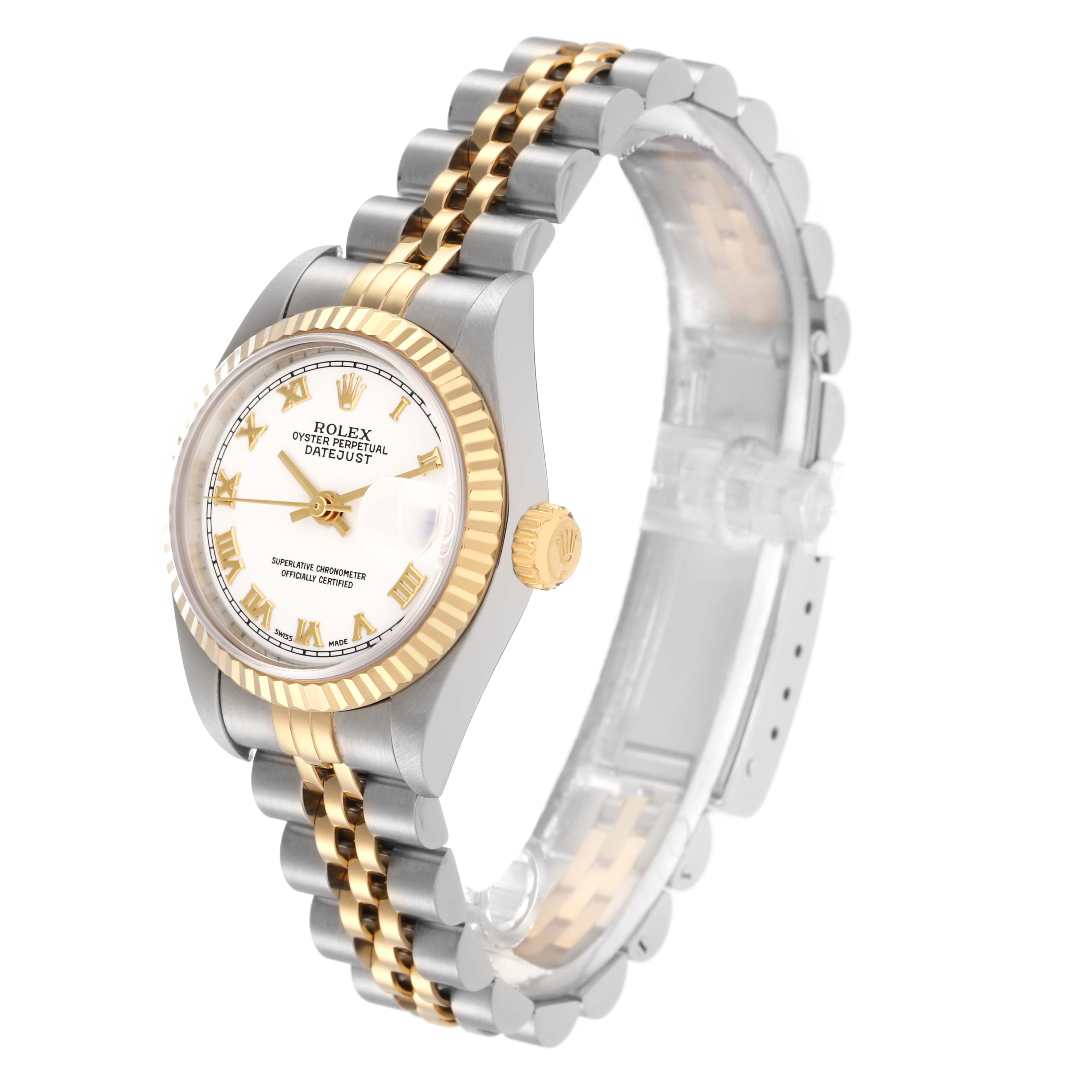 The image shows the Rolex Datejust model 79173 from a front-side angle, highlighting the watch face, bezel, and Jubilee bracelet.