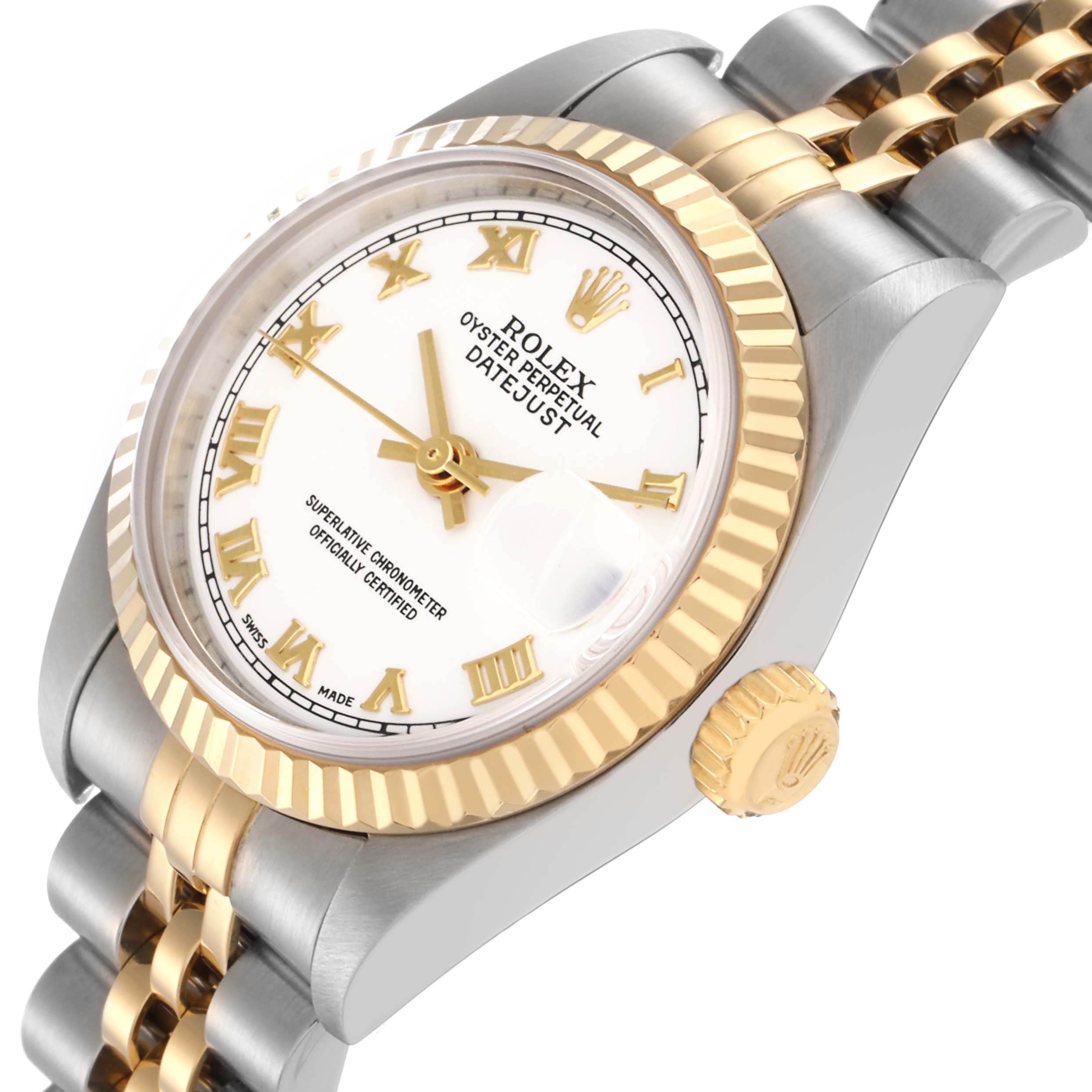The Rolex Datejust 79173 men's watch is shown at an angle highlighting the face, fluted bezel, crown, and part of the jubilee bracelet.
