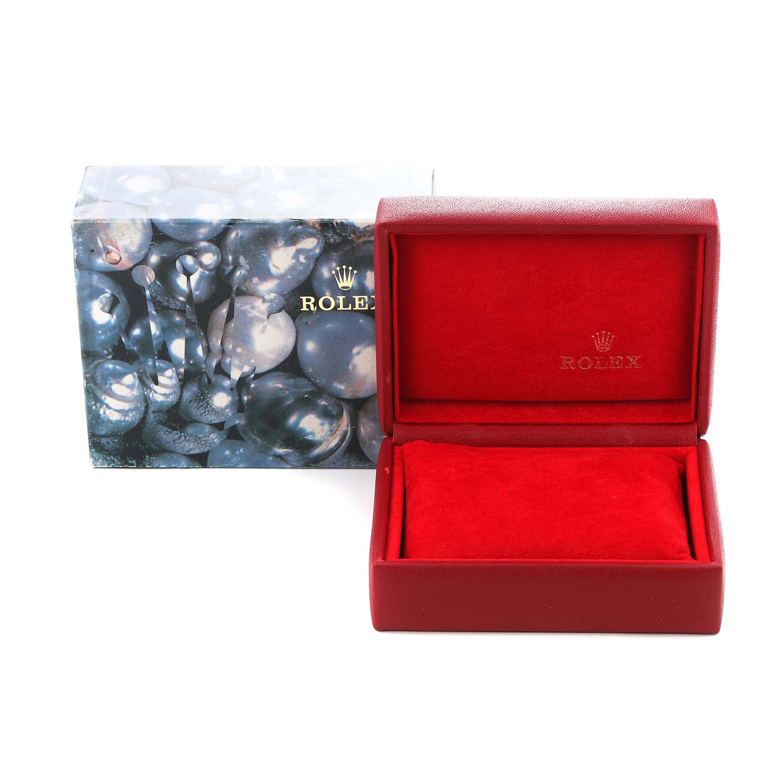 The image shows an empty Rolex Datejust model 79173 box and outer case, with the watch case open to reveal a red interior.