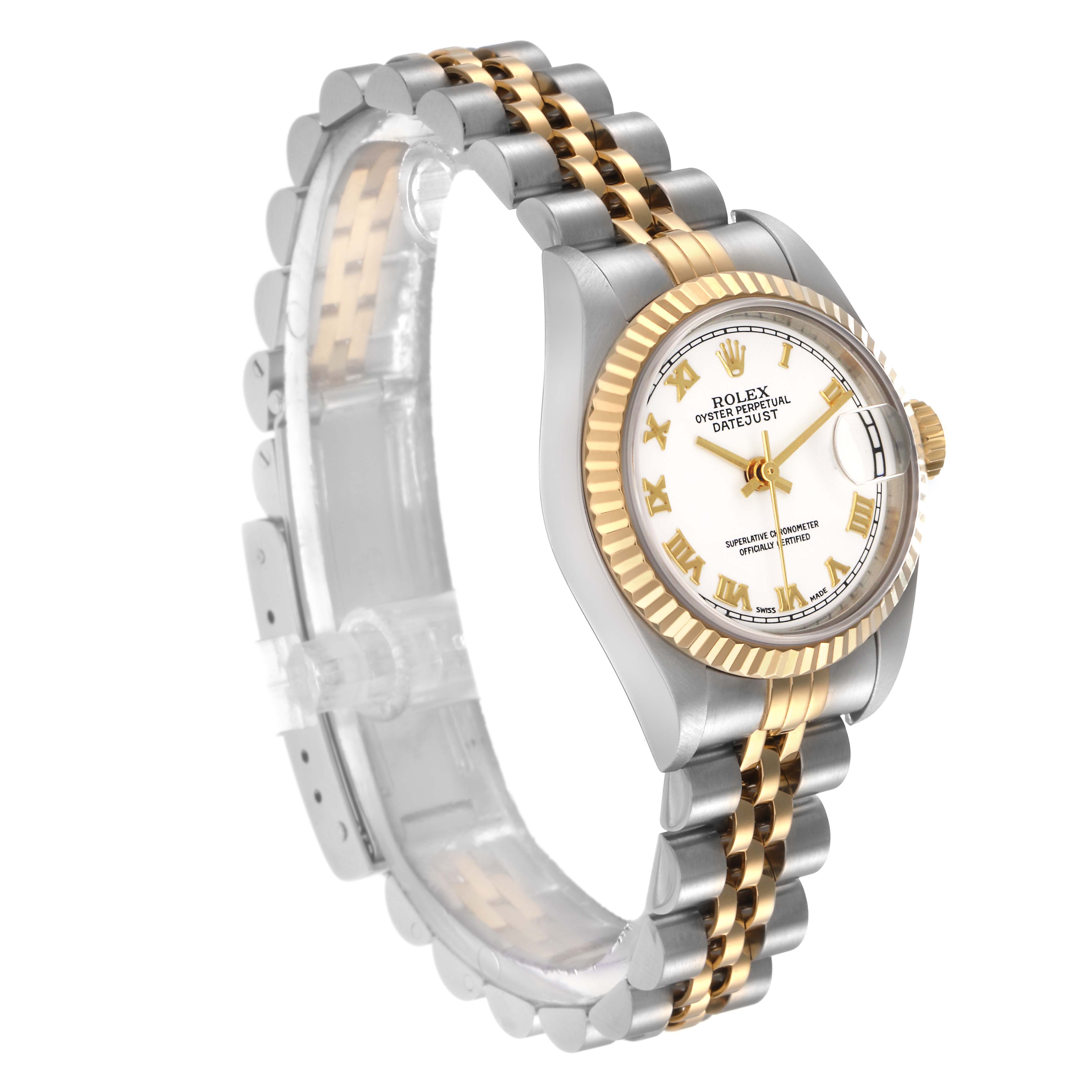 The Rolex Datejust model 79173 men's watch is shown from a three-quarter angle, highlighting the bezel, dial, and bracelet.