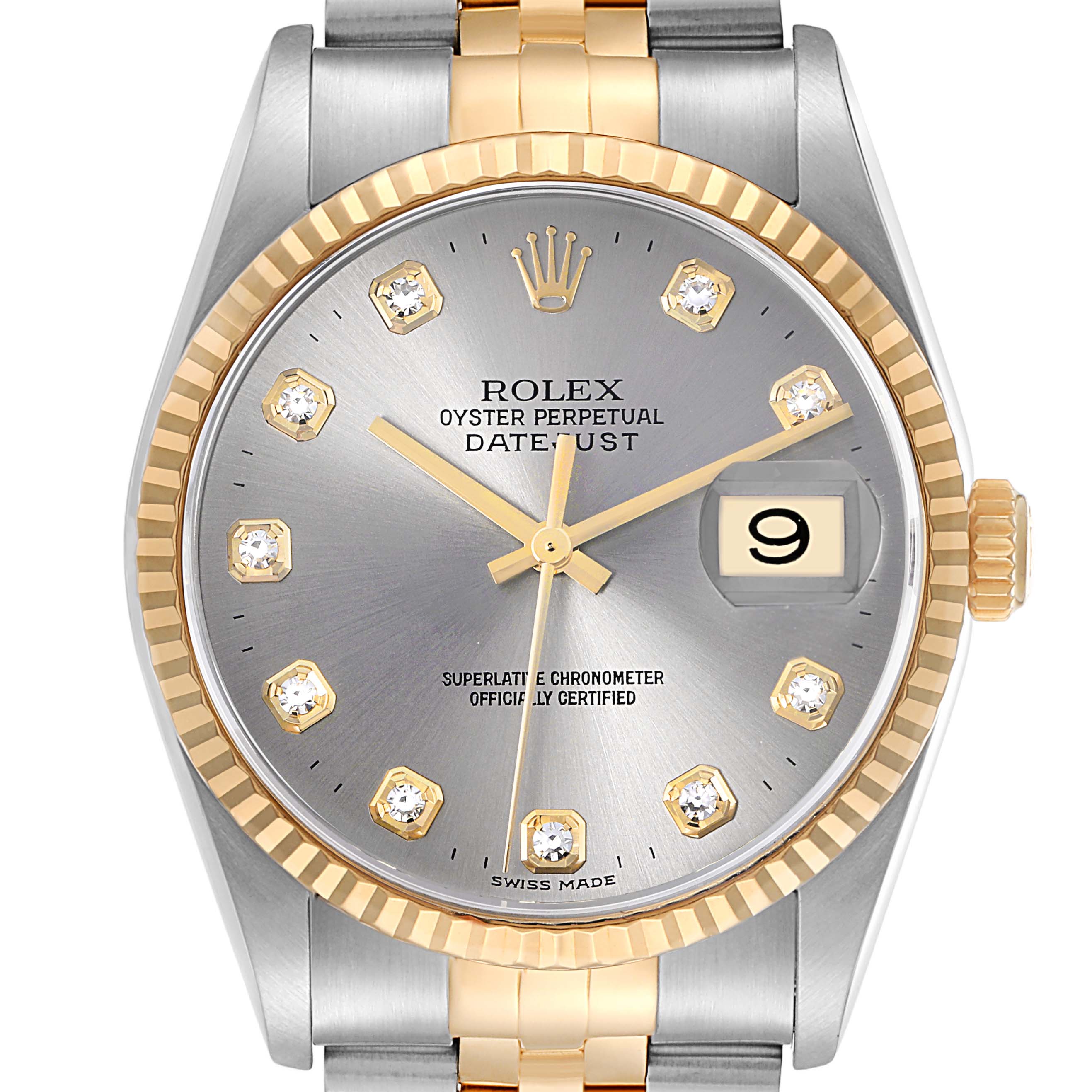 The image shows a frontal view of the Rolex Datejust model 16233 men
s watch, displaying its dial, bezel, crown, and part of the bracelet.