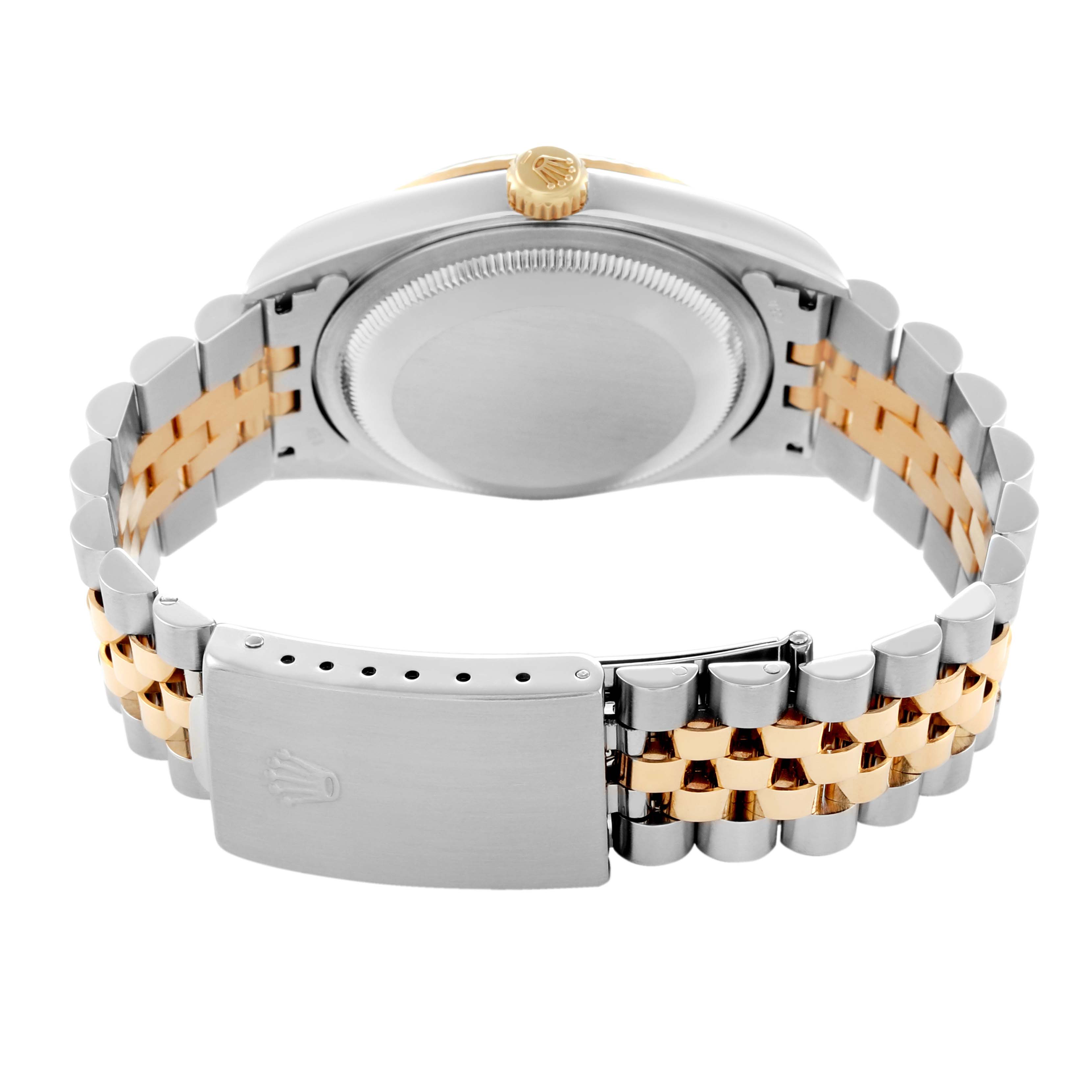 The image shows the back view of the Rolex Datejust model 16233, highlighting the case back, crown, and two-tone Jubilee bracelet with the clasp.
