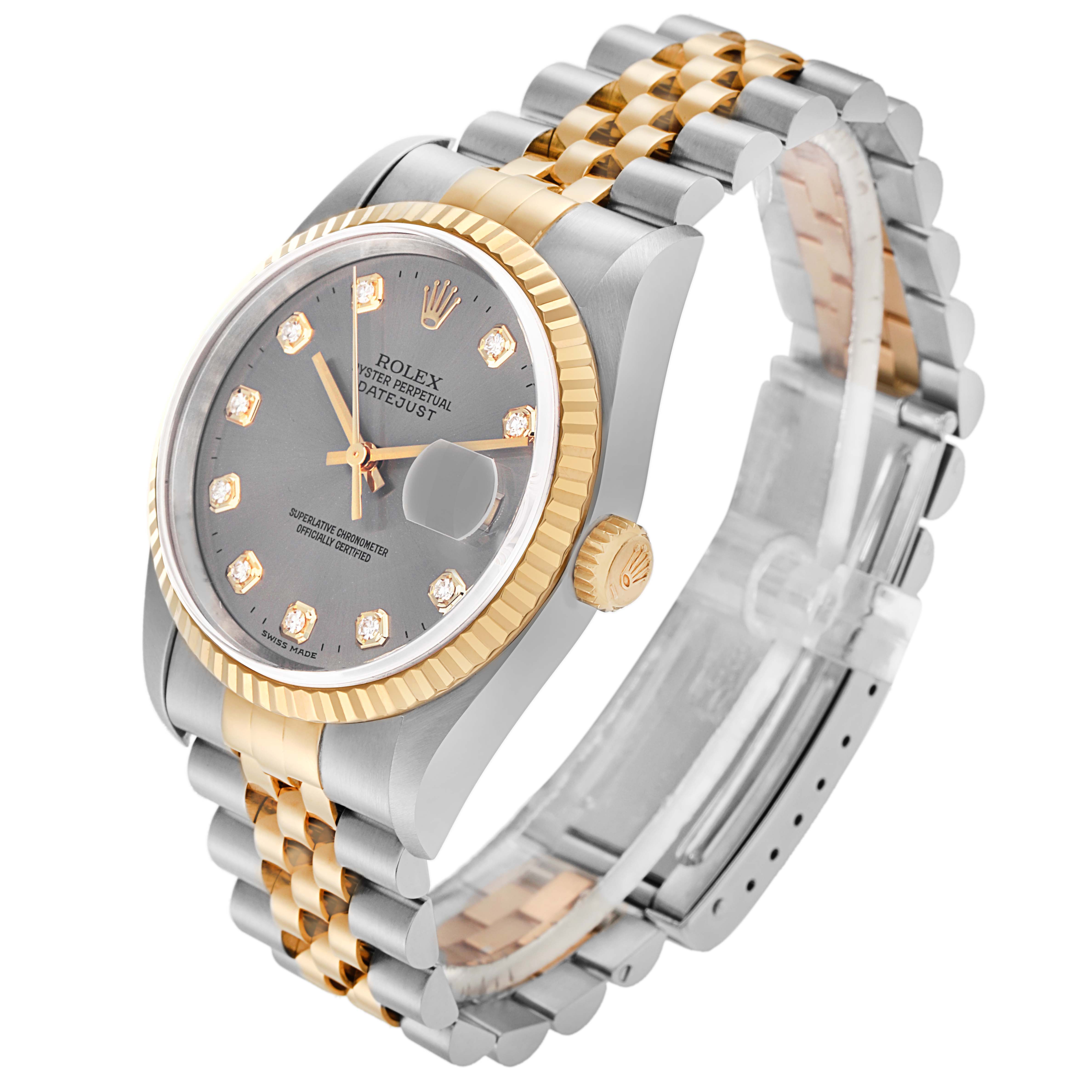 The image shows a Rolex Datejust model 16233, angled to display the face, bezel, crown, and part of the Jubilee bracelet.
