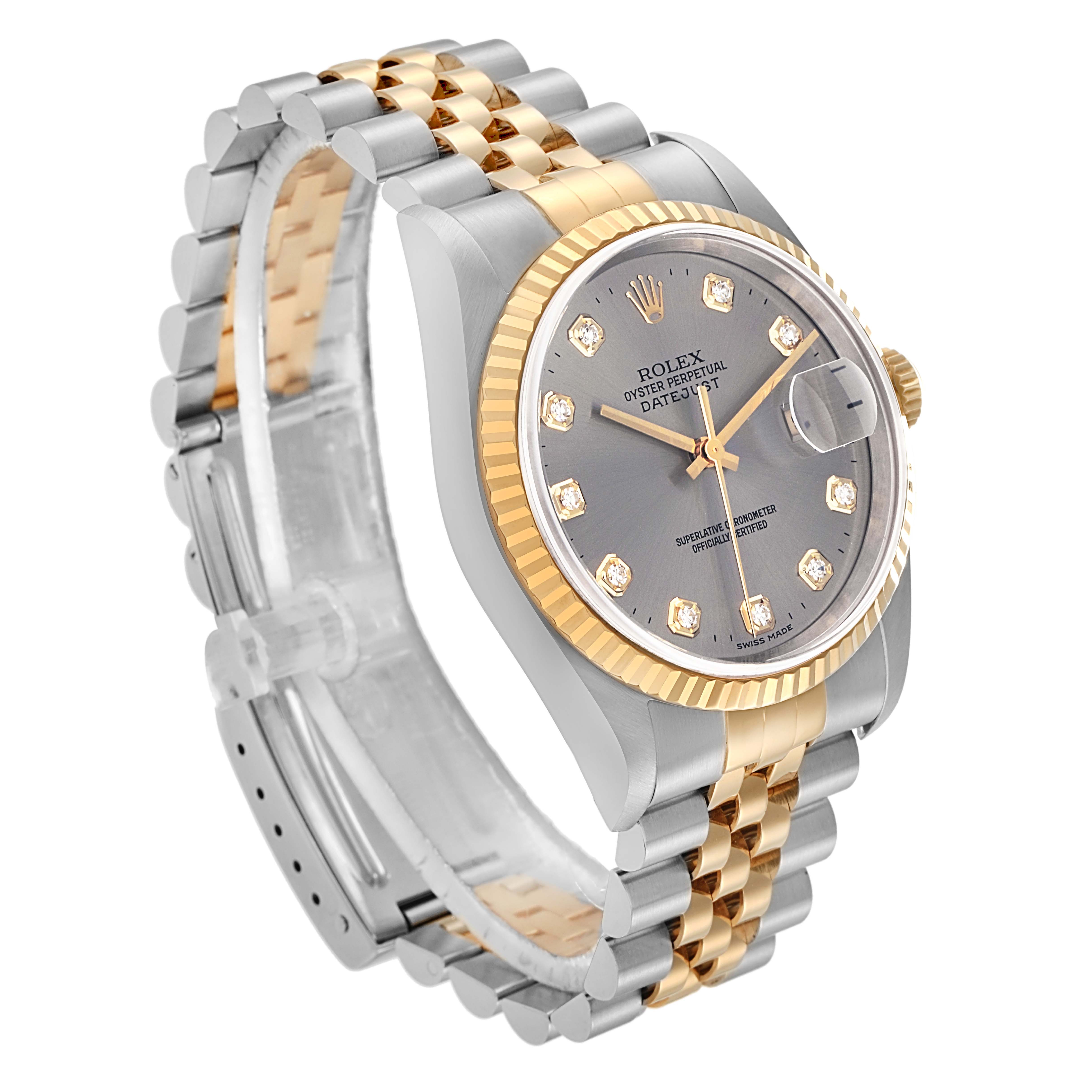 The image shows a Rolex Datejust model 16233 men
s watch at an angled view, highlighting the bezel, dial, and Jubilee bracelet.