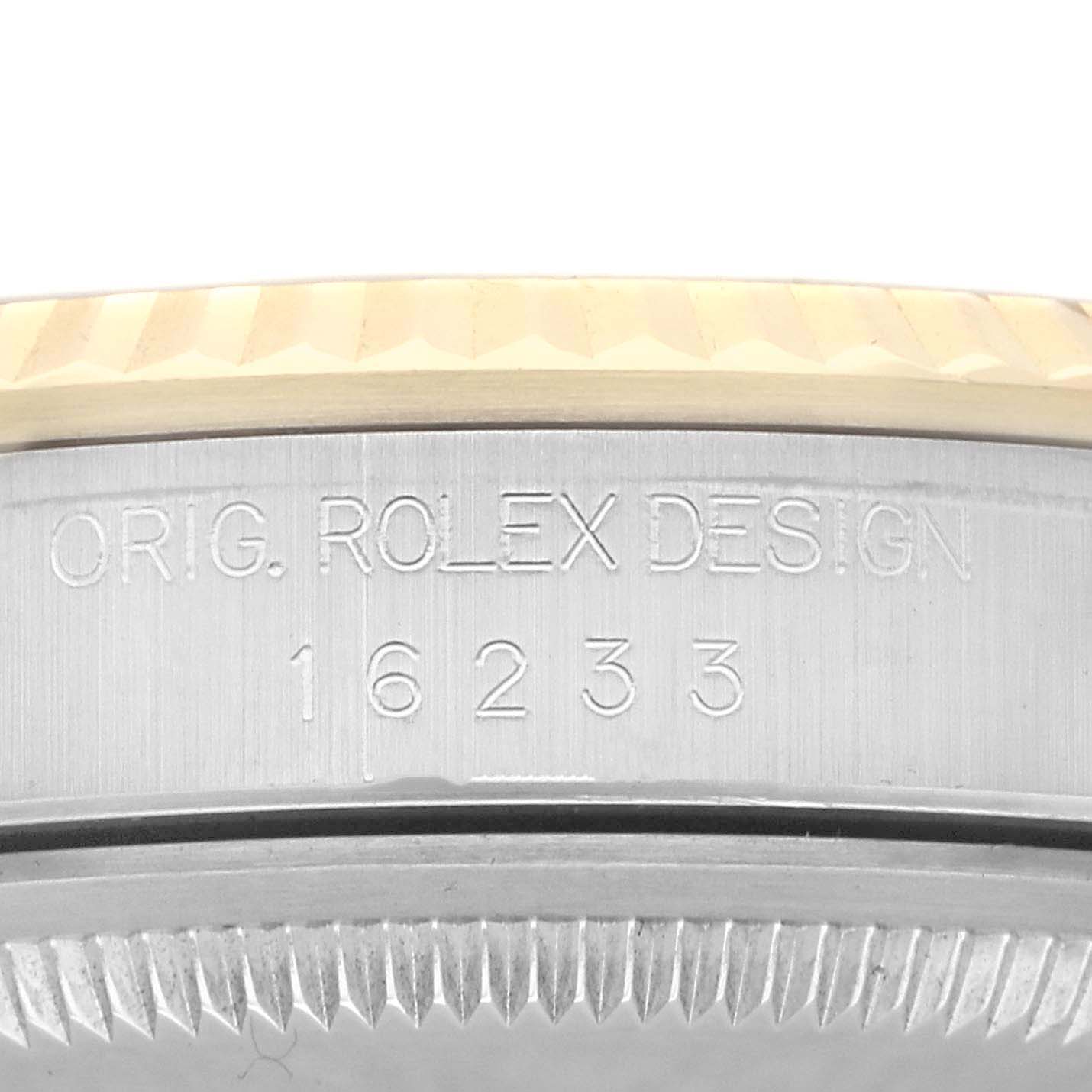 The image shows a close-up side view of the bezel and case edge of a Rolex Datejust model 16233, highlighting the "ORIG. ROLEX DESIGN 16233" engraving.