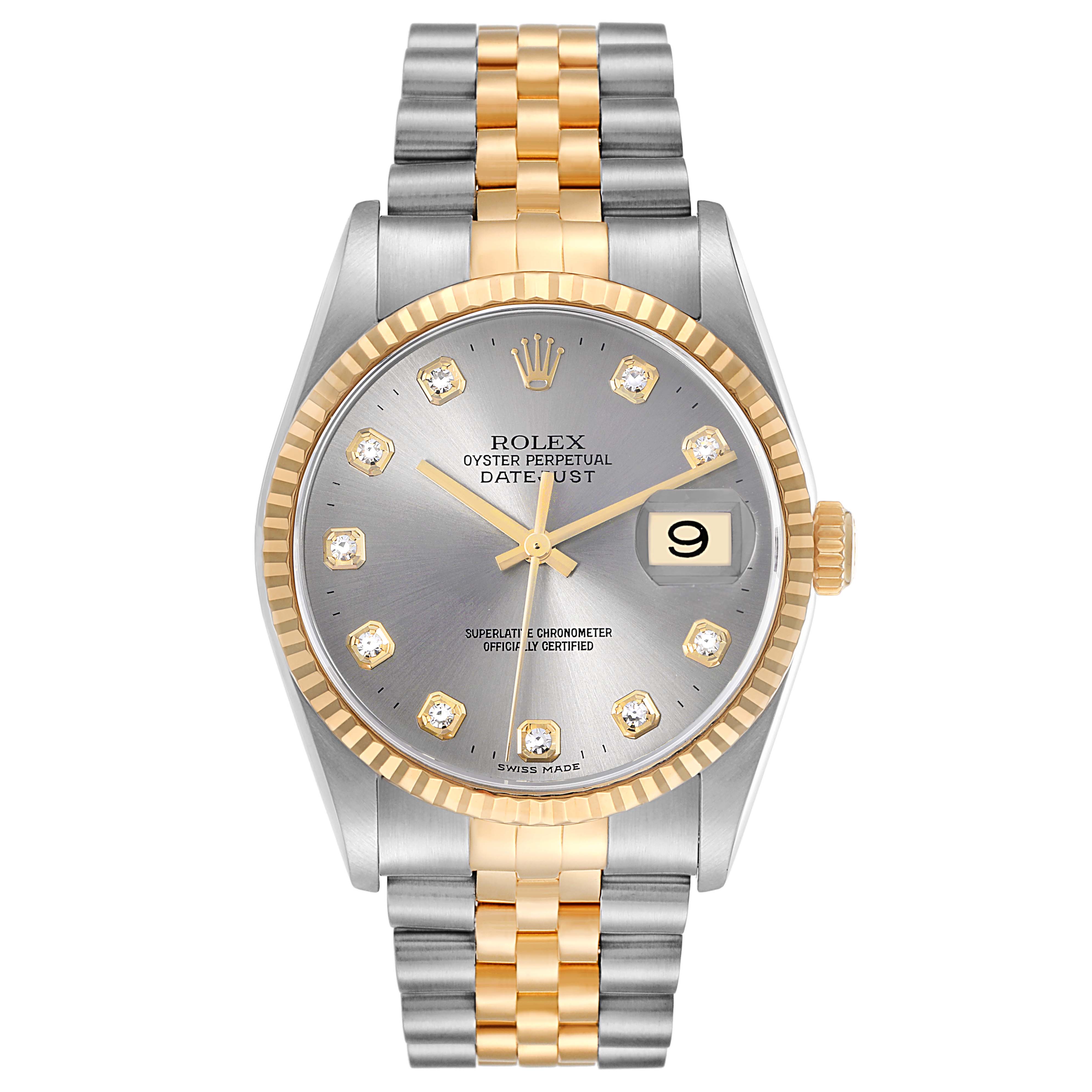 The image shows a front view of the Rolex Datejust model 16233 men
s watch, featuring a two-tone bracelet, diamond hour markers, and a date display.