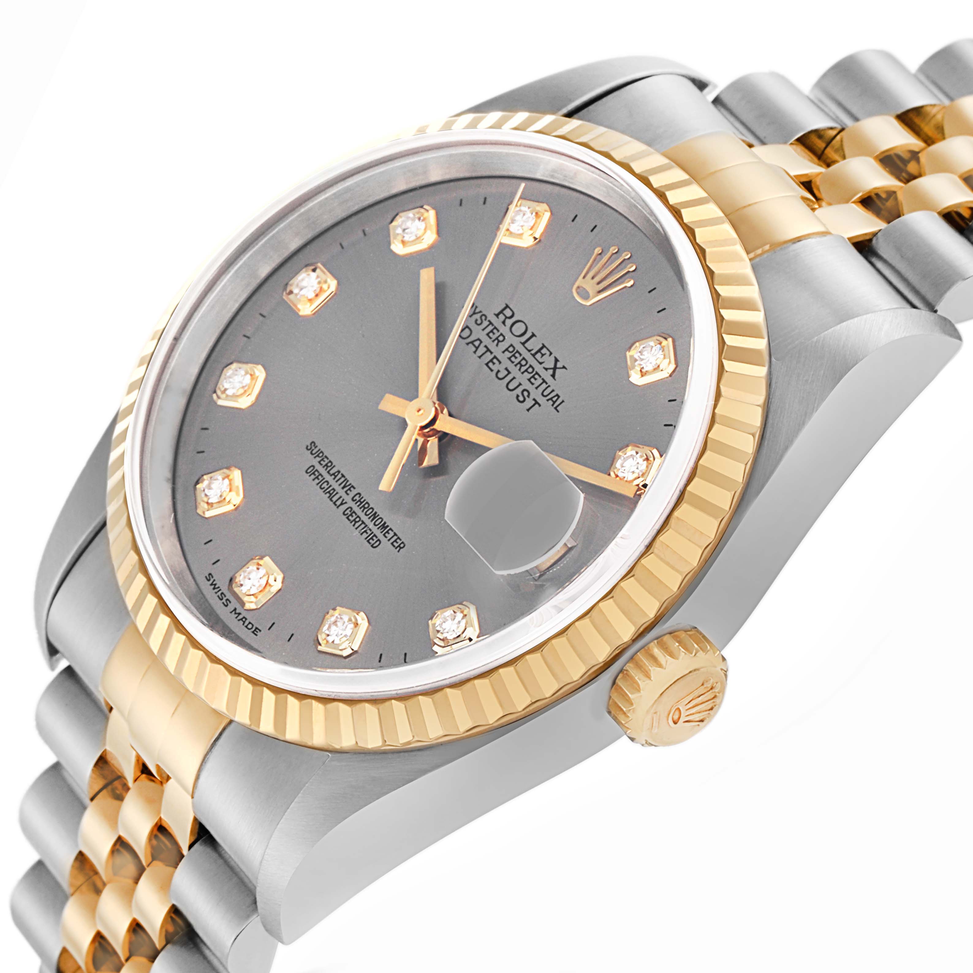 The Rolex Datejust model 16233 men
s watch is shown from a three-quarter angle, displaying the face, bezel, crown, and part of the bracelet.