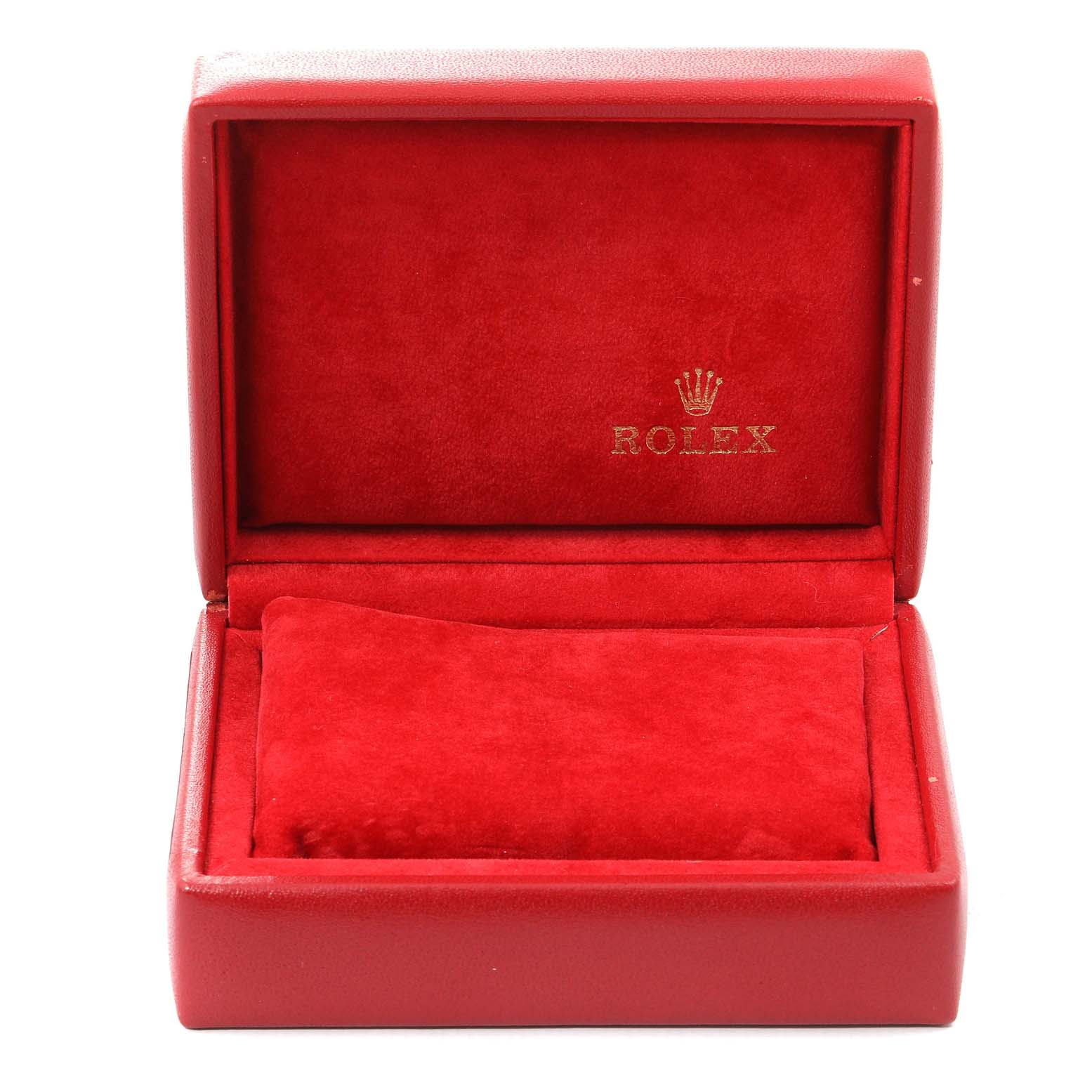 The image shows a red Rolex watch box for the Datejust model, open, revealing its cushioned interior.