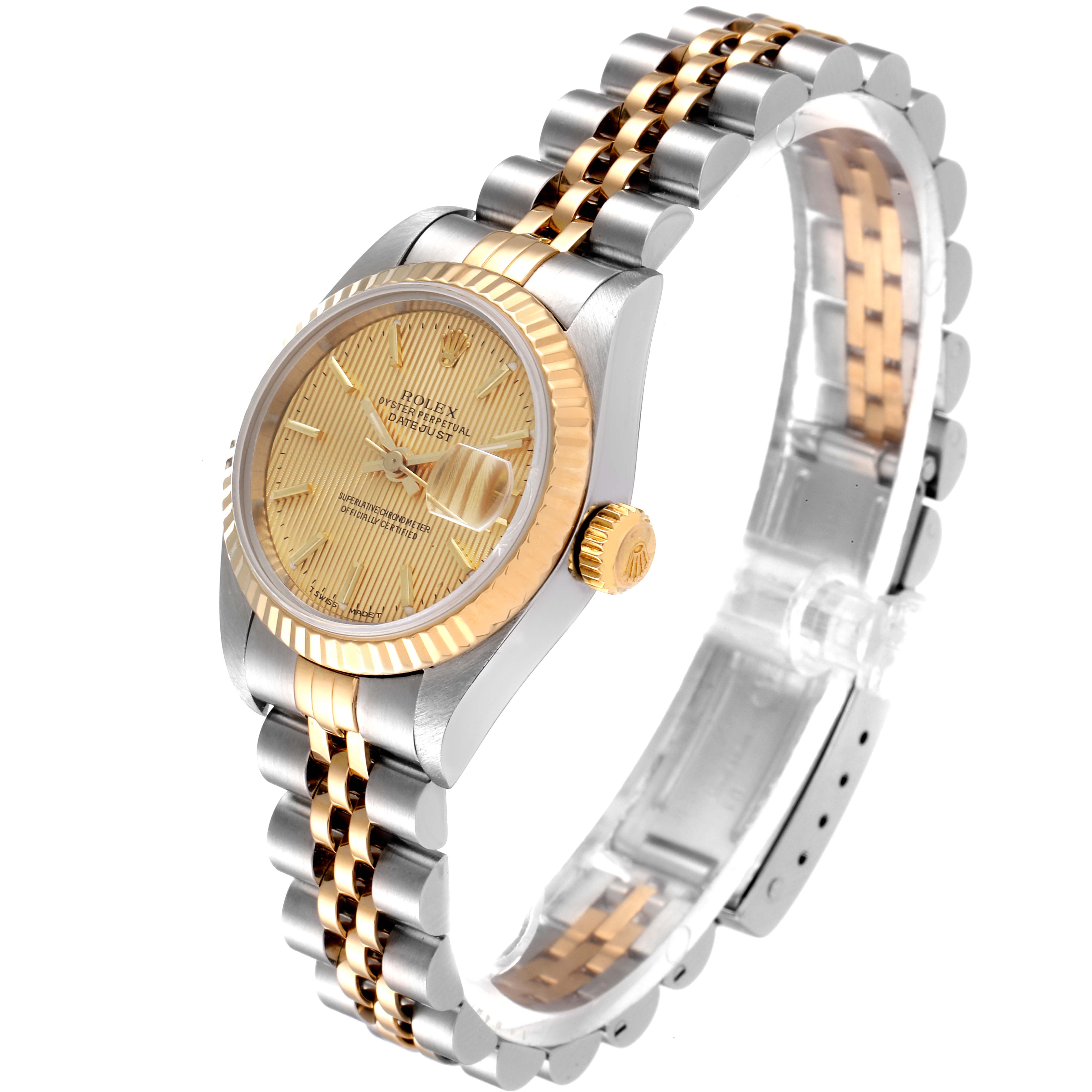 This image shows a Rolex Datejust 69173 Women's Steel and Gold (two tone) Champagne Dial 69173 Women's Steel and Gold (two tone) Champagne Dial watch at an angled view, highlighting the watch face, bezel, crown, and bracelet.