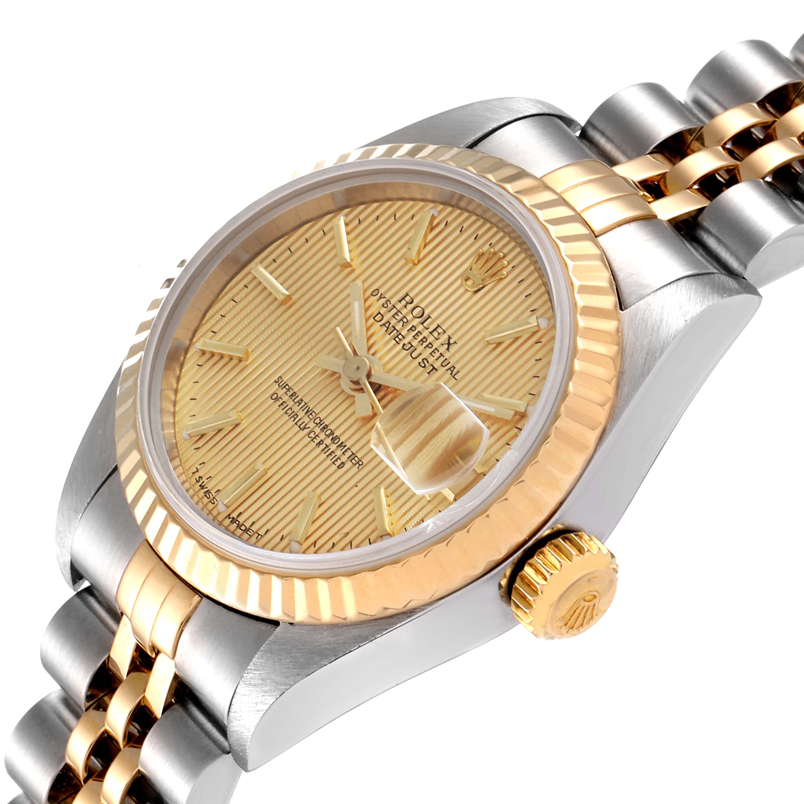 The image shows a close-up angle of the dial, crown, and part of the bracelet of a Rolex Datejust 69173 Women's Steel and Gold (two tone) Champagne Dial 69173 Women's Steel and Gold (two tone) Champagne Dial watch.