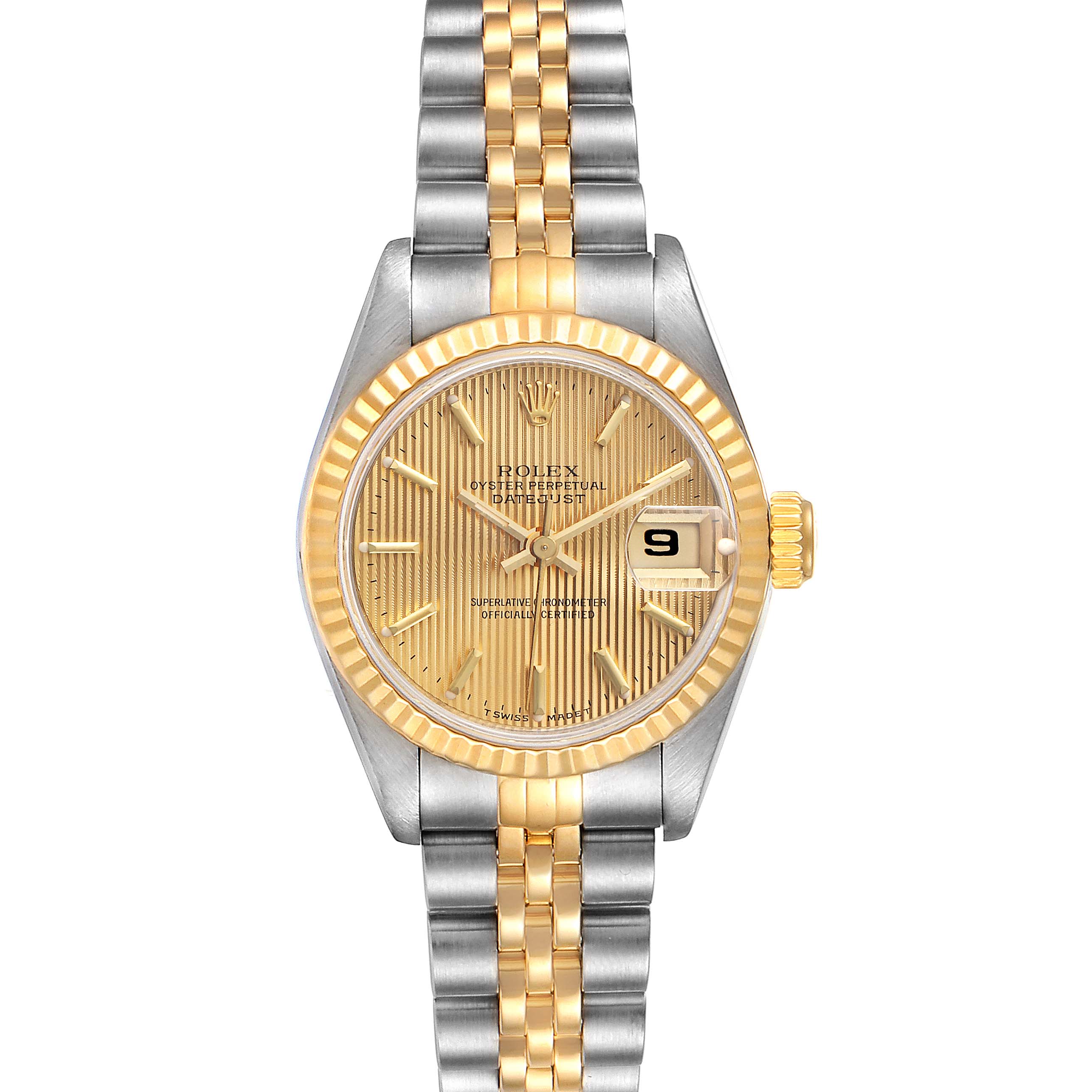 This image shows a Rolex Datejust 69173 Women's Steel and Gold (two tone) Champagne Dial 69173 Women's Steel and Gold (two tone) Champagne Dial watch from a front view, highlighting the gold and silver bracelet, gold fluted bezel, and gold dial.