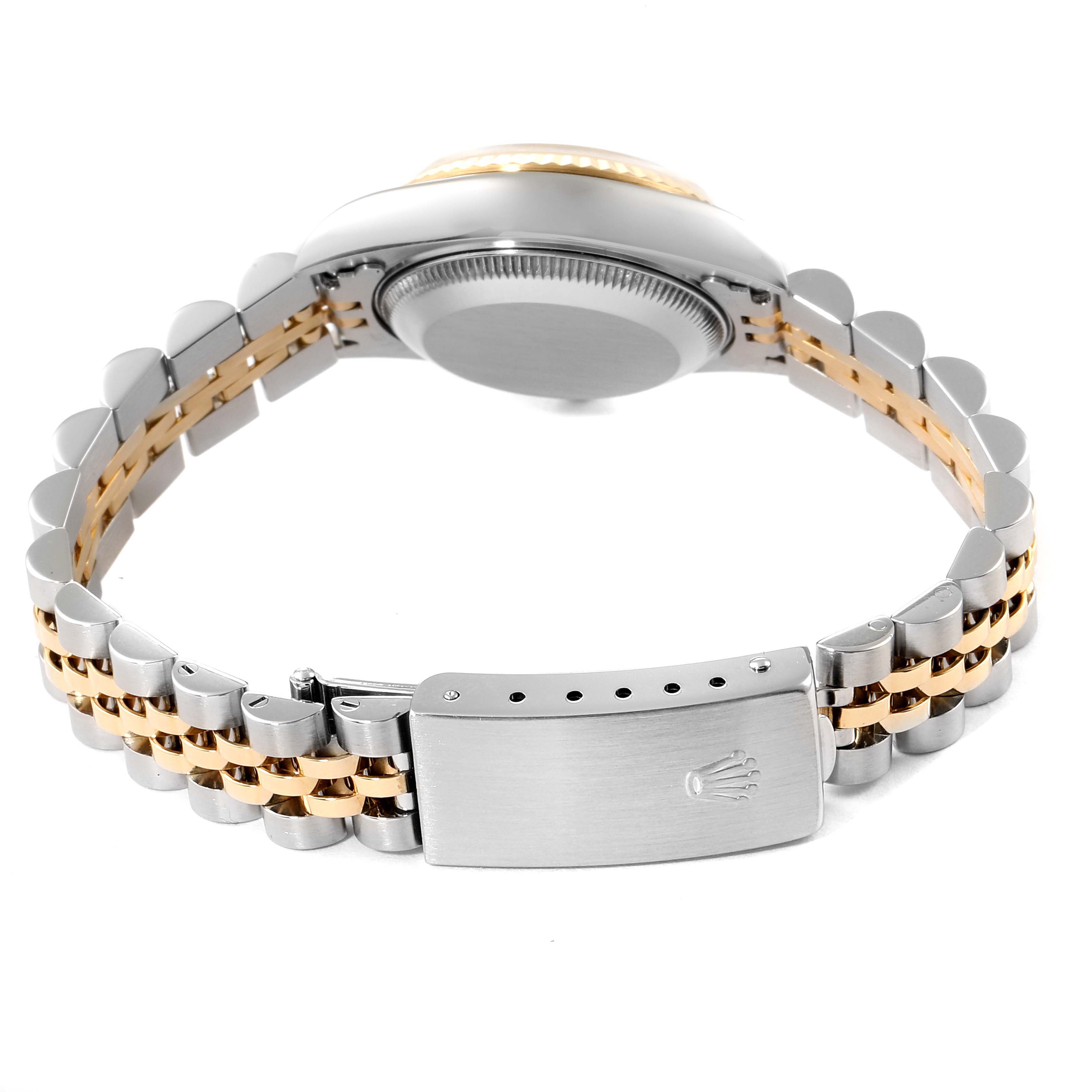 This image shows the back of a Rolex Datejust 69173 Women's Steel and Gold (two tone) Champagne Dial 69173 Women's Steel and Gold (two tone) Champagne Dial watch, highlighting the case and two-tone bracelet with a clasp.