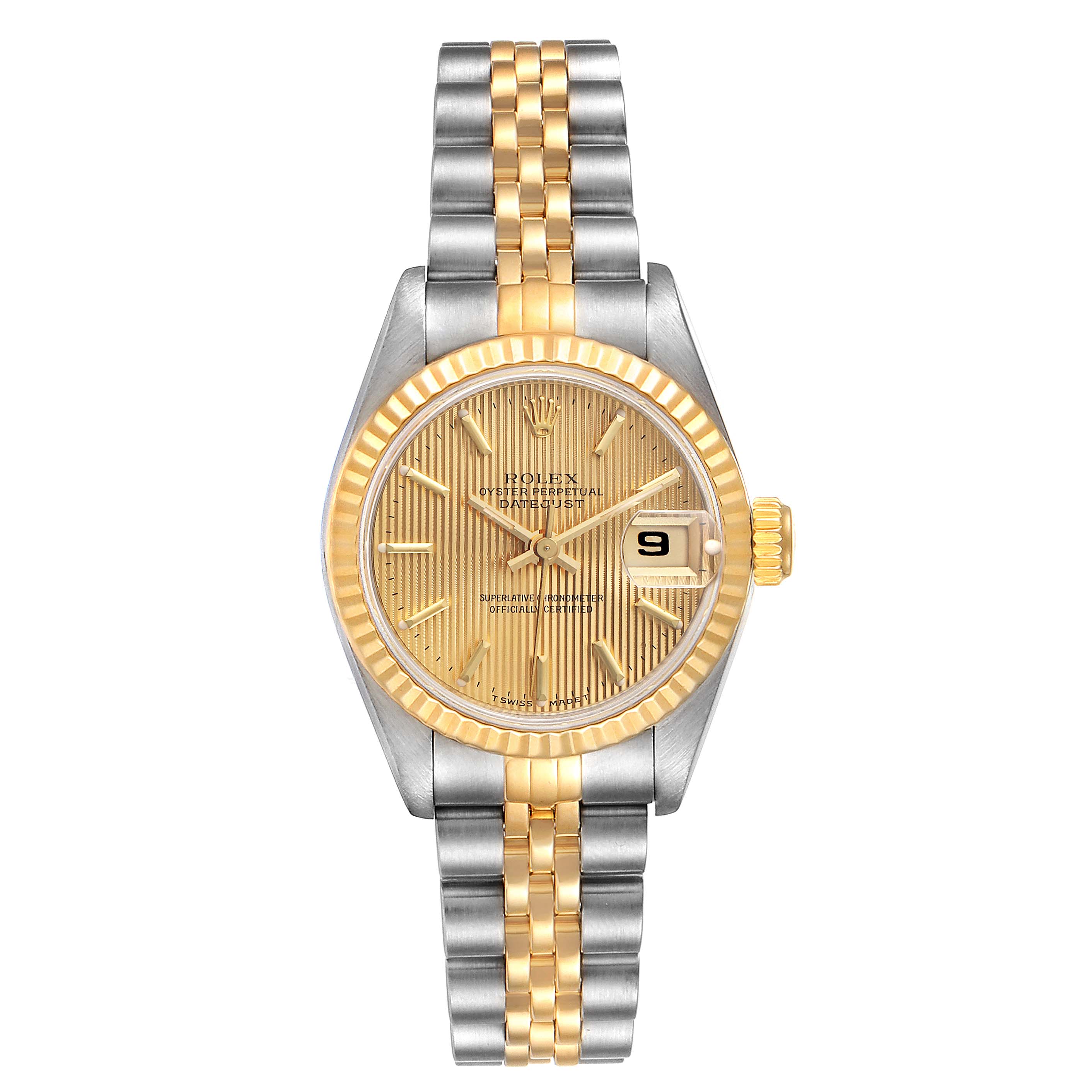 The Rolex Datejust 69173 Women's Steel and Gold (two tone) Champagne Dial 69173 Women's Steel and Gold (two tone) Champagne Dial watch is shown from the front, highlighting the dial, bezel, and two-tone Jubilee bracelet.
