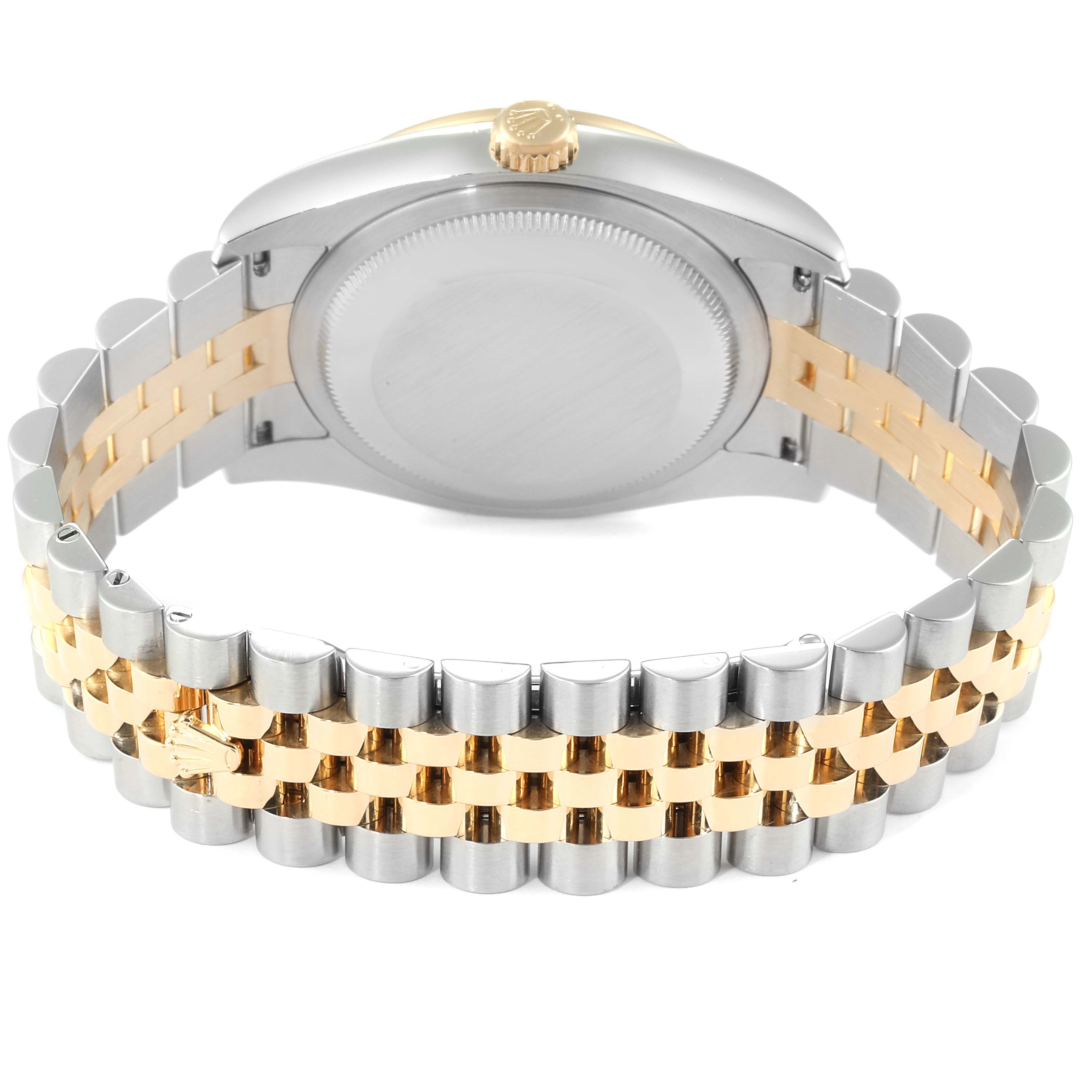 This image shows the back case and the Jubilee bracelet of the Rolex Datejust 116243 Men's Steel and Gold (two tone) White Dial 116243 Men's Steel and Gold (two tone) White Dial watch, highlighting its two-tone metal finish.