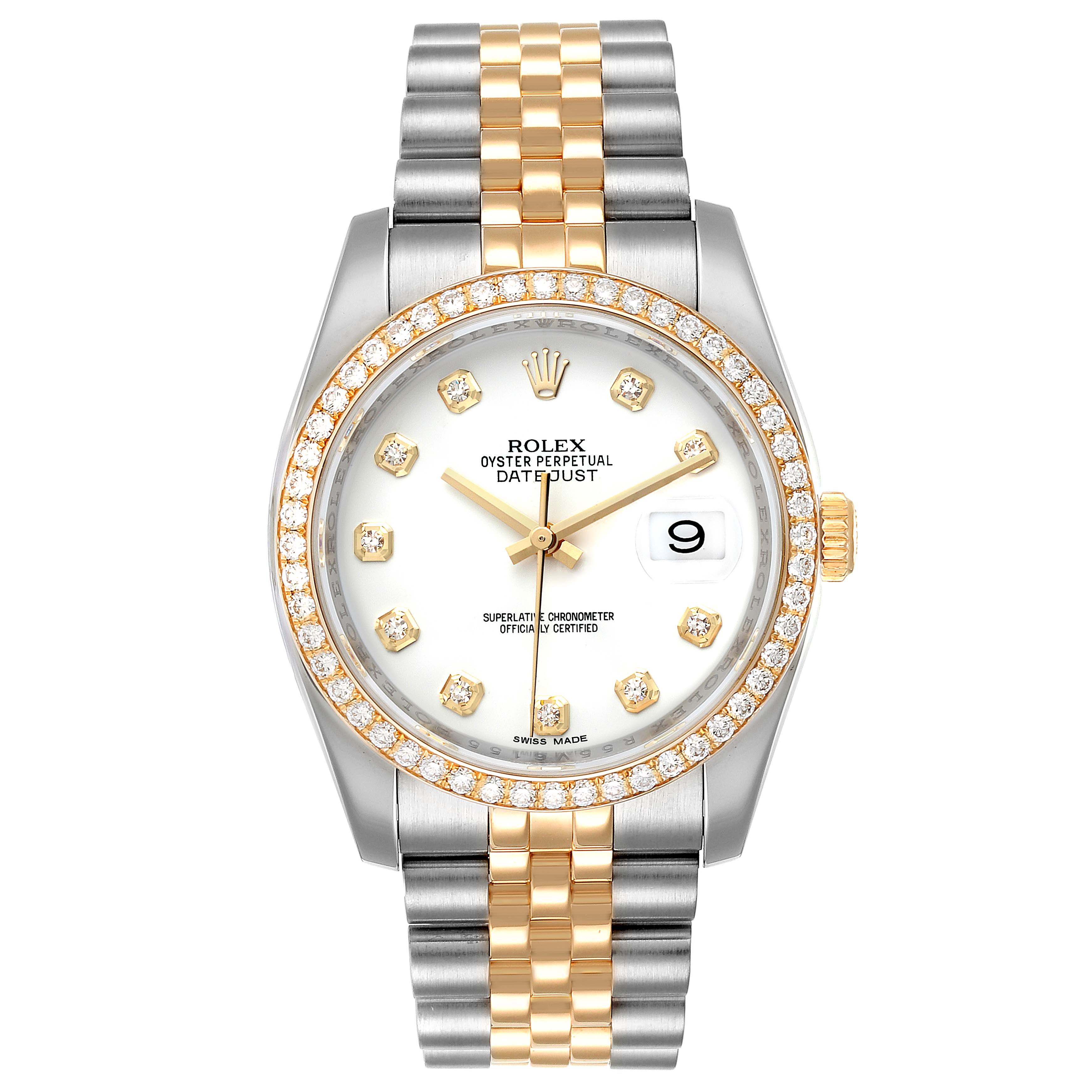 The Rolex Datejust 116243 Men's Steel and Gold (two tone) White Dial 116243 Men's Steel and Gold (two tone) White Dial watch is shown from a front angle, highlighting its gold and silver bracelet, diamond markers, and date feature.