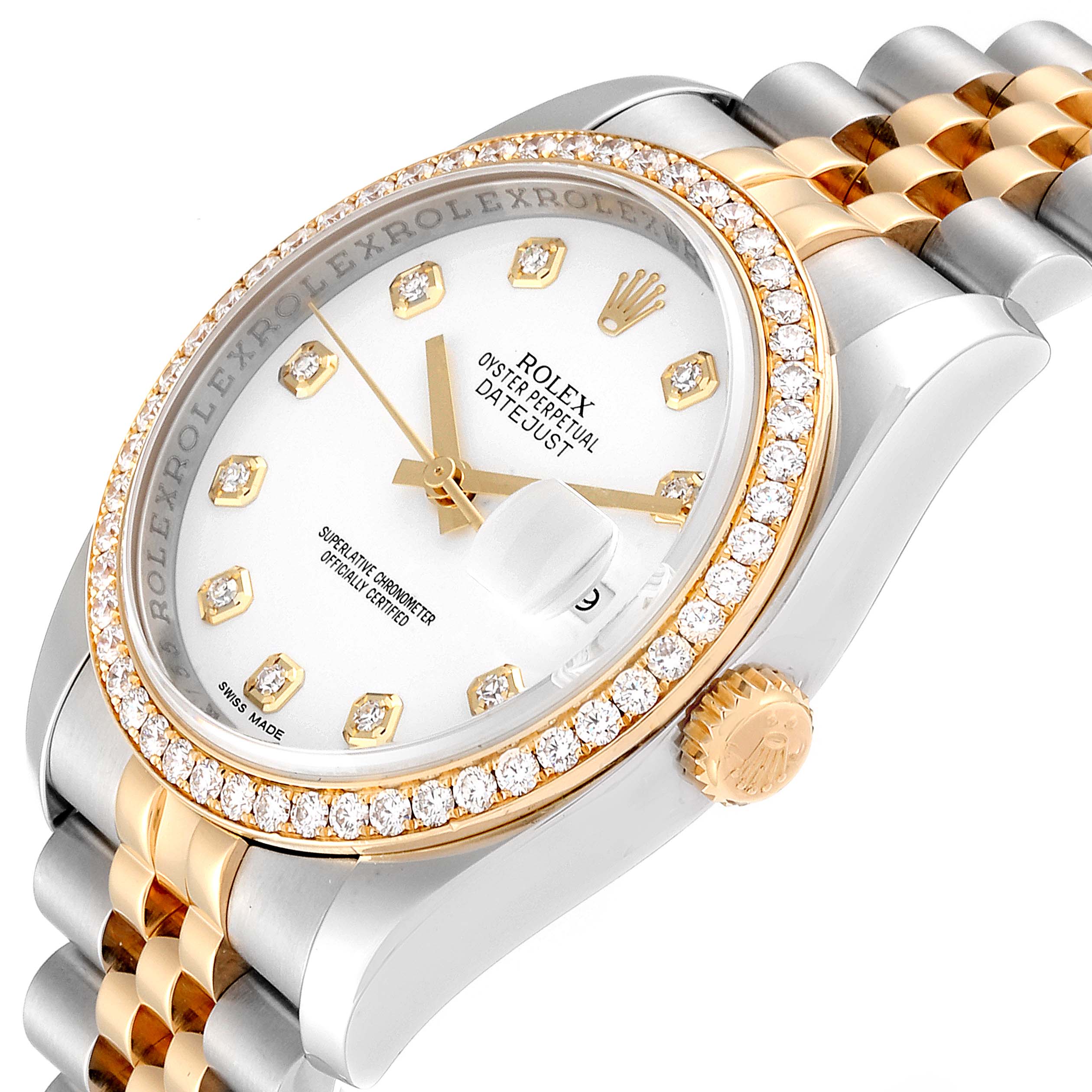 The image shows a close-up, angled view of a Rolex Datejust 116243 Men's Steel and Gold (two tone) White Dial 116243 Men's Steel and Gold (two tone) White Dial watch highlighting its dial, bezel, crown, and bracelet.